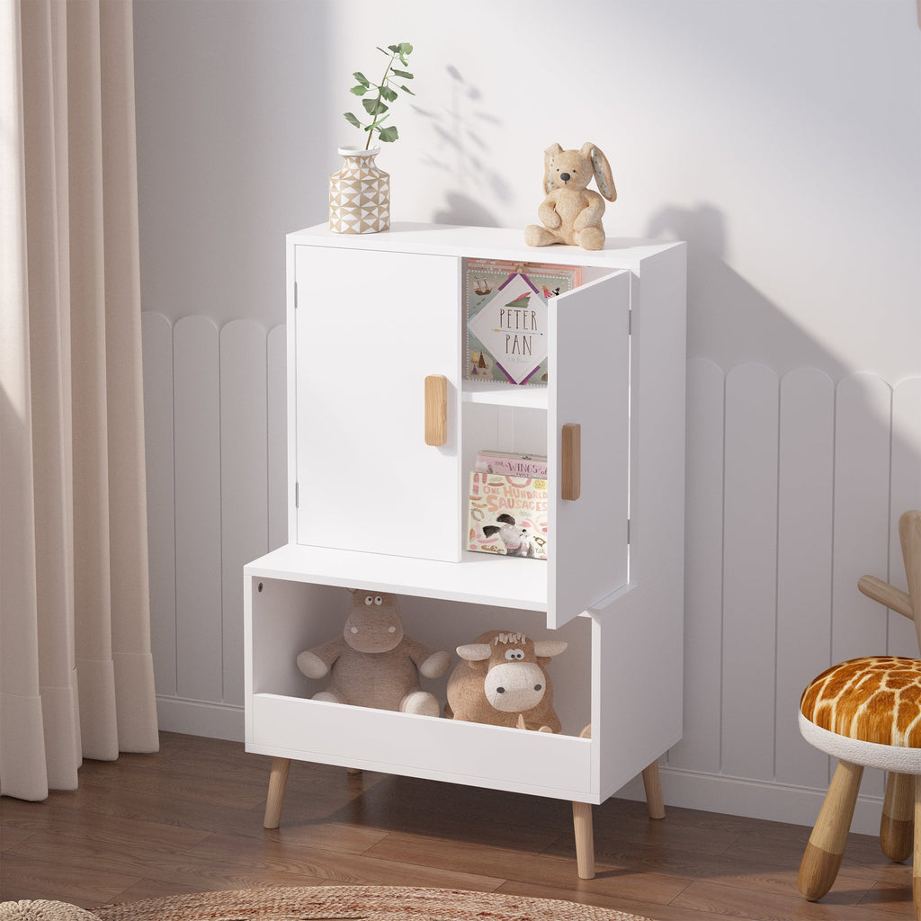 White Modern Wooden Toy Storage Cabinet with Natural Wood Legs