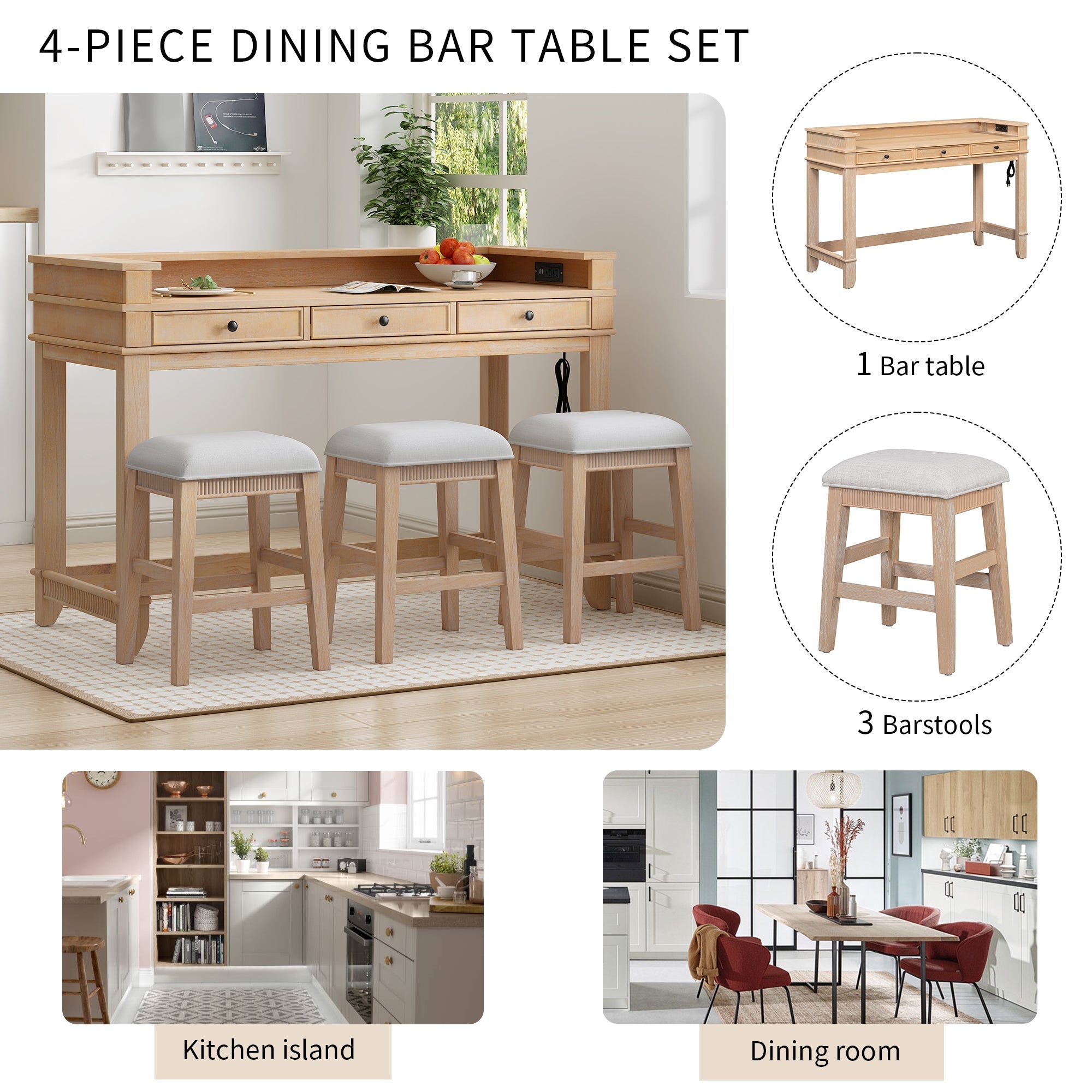 Retro Kitchen Table and Chairs Set with 3 Storage Drawers