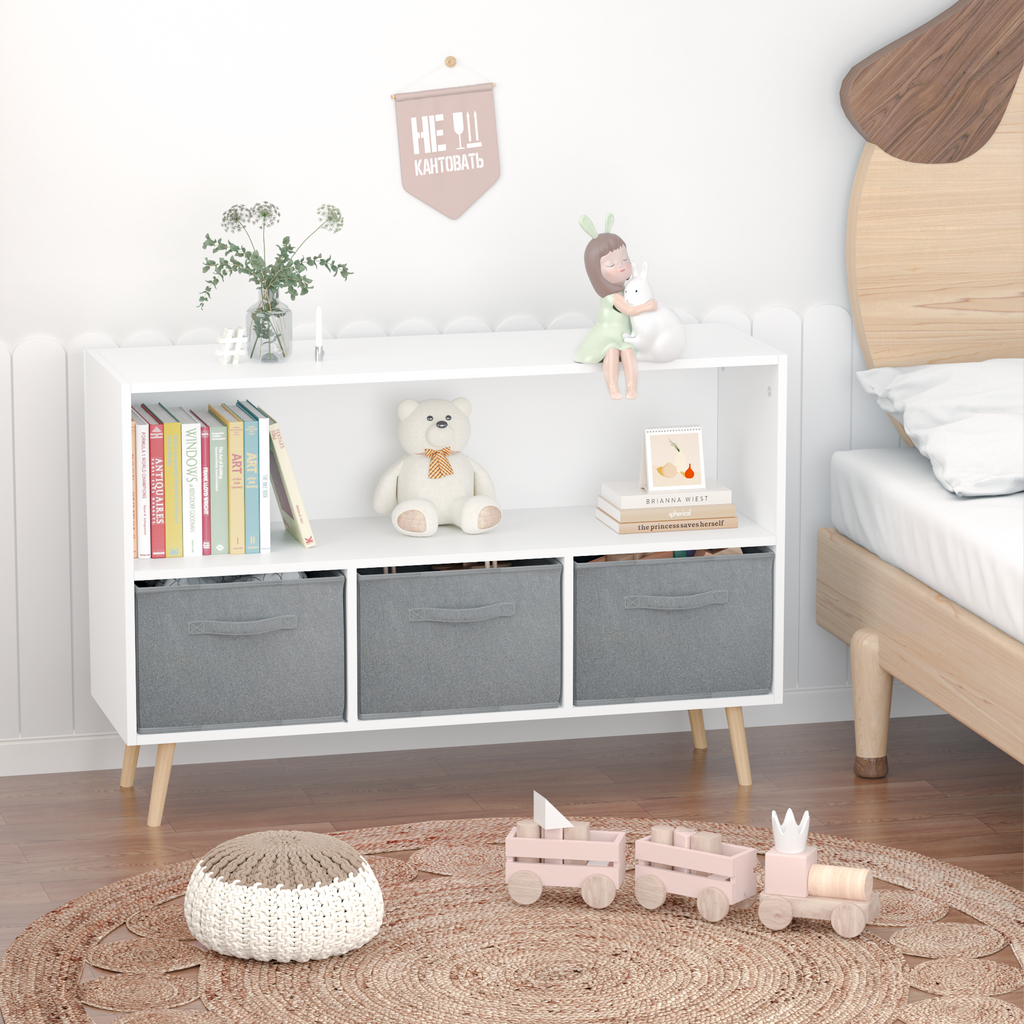 Children's Book Display Kids Bookcase with 3 Fabric Bins