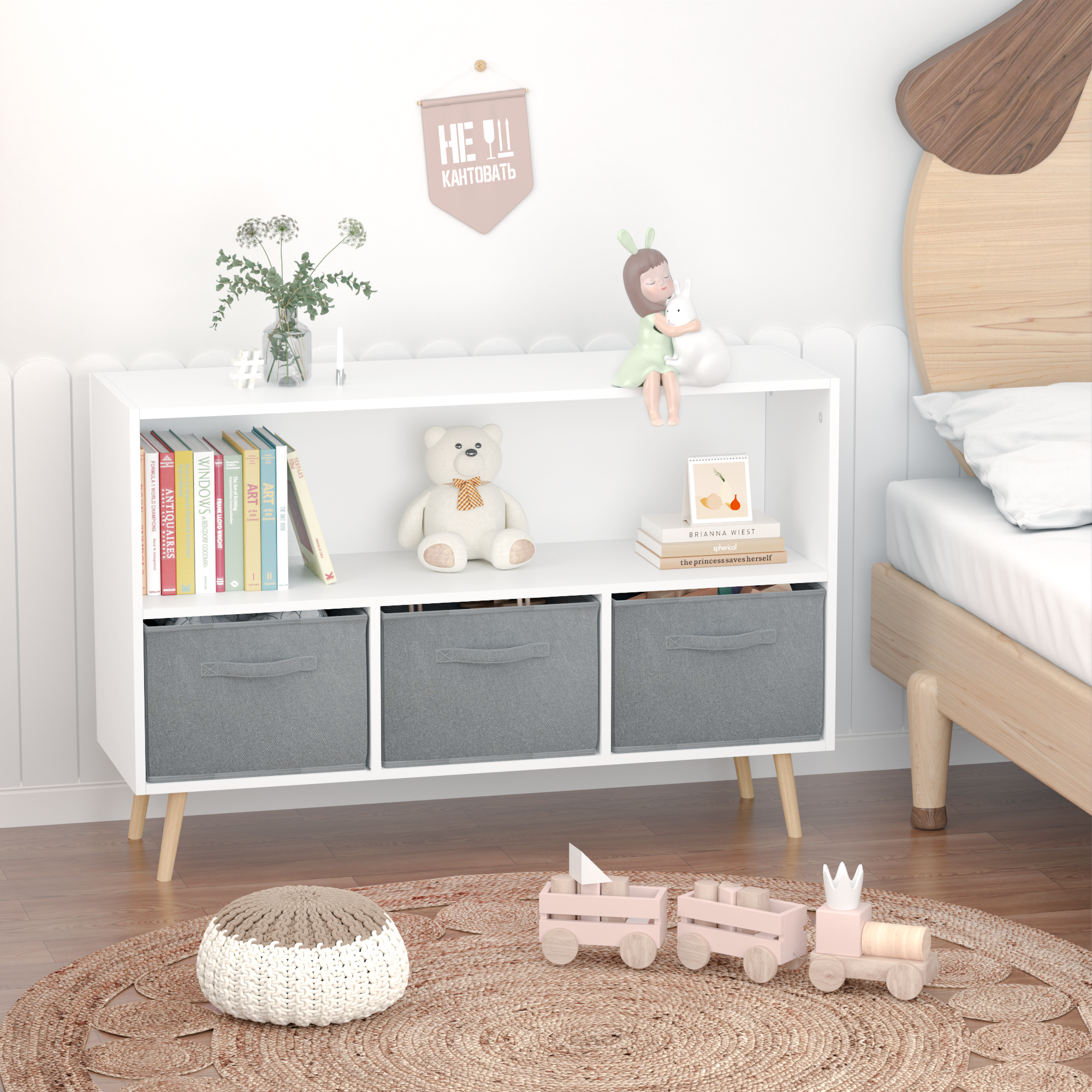 Children's Book Display Kids Bookcase with 3 Fabric Bins