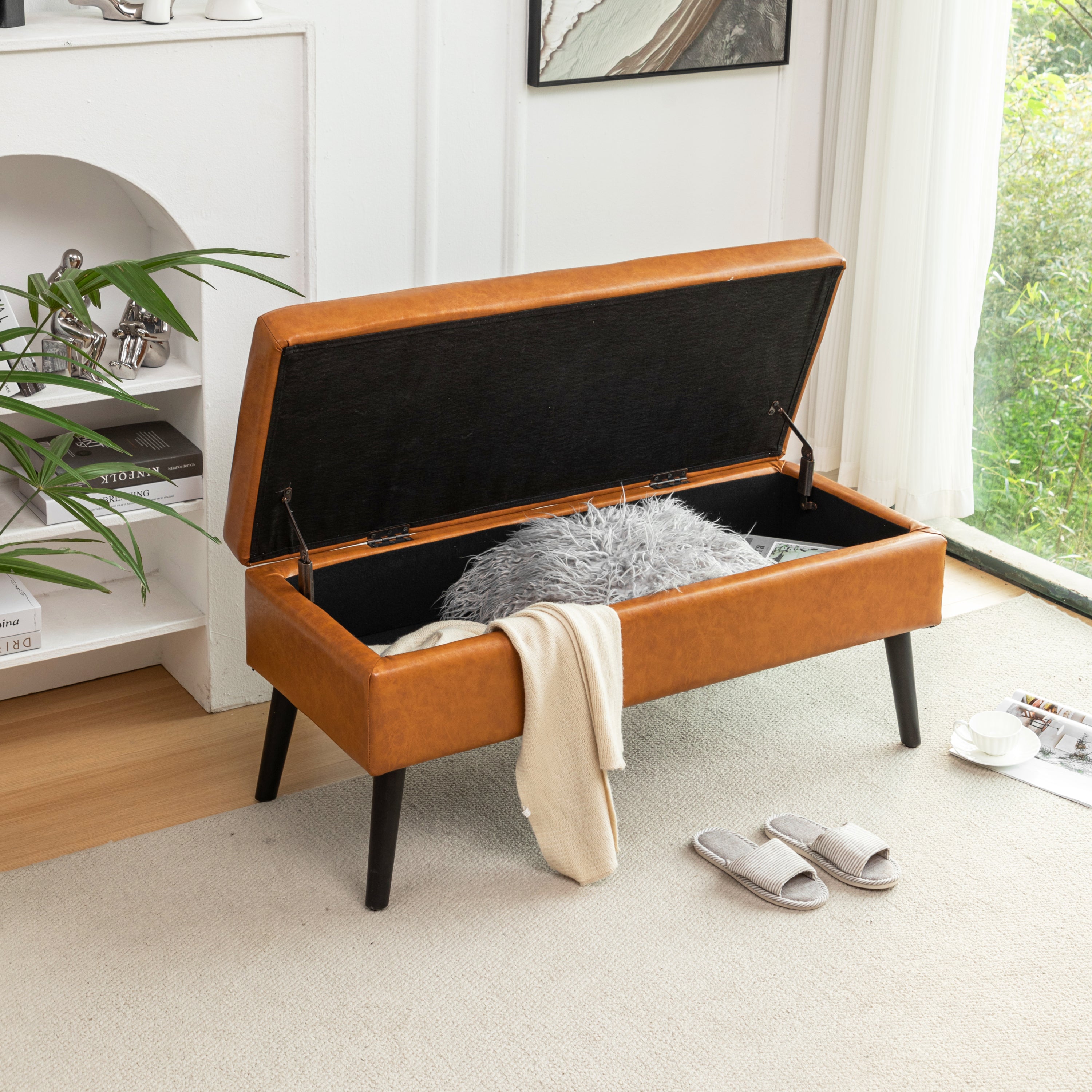 Brown PU Leather Storage Bench
