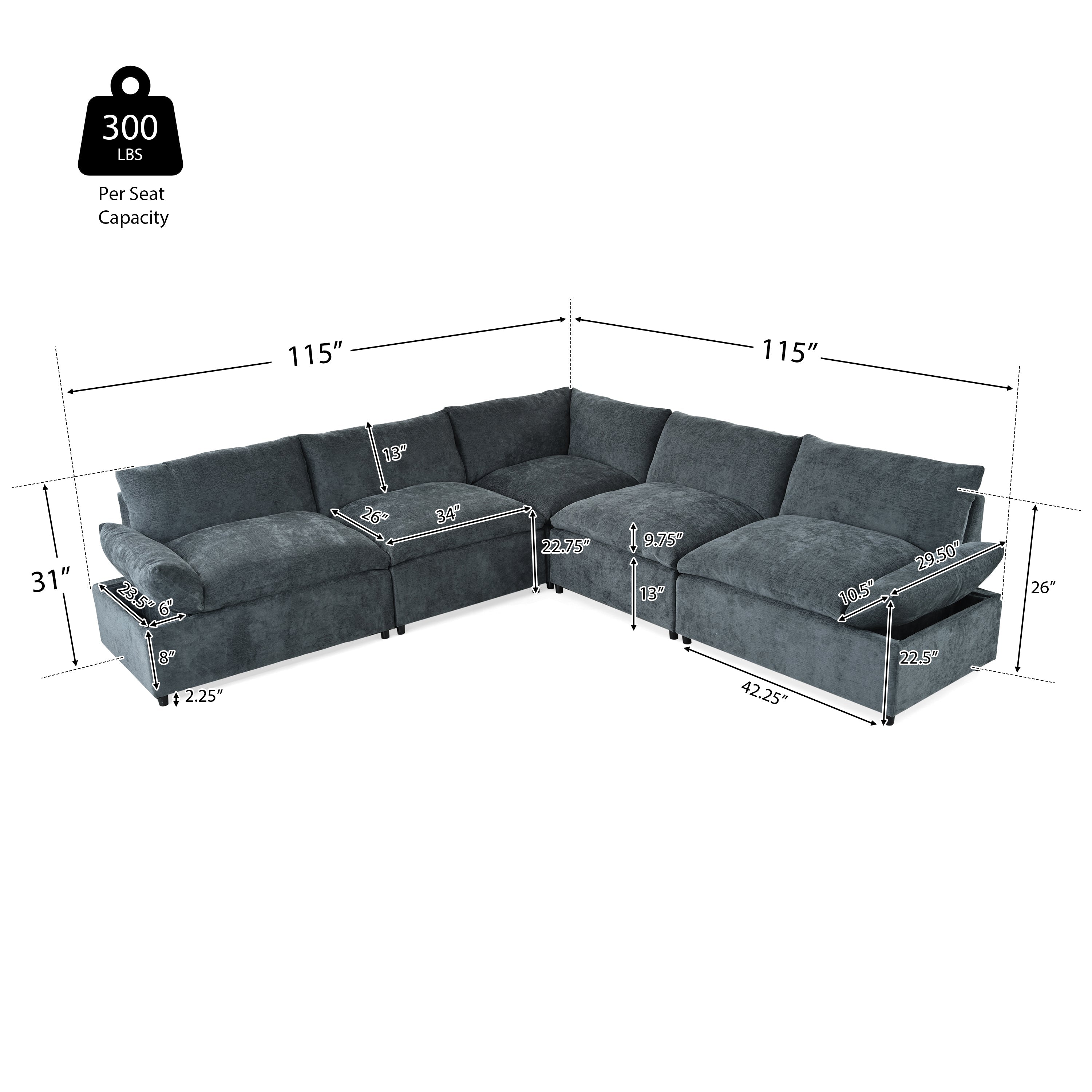 115.5' Modular Deep Gray Sectional Sofa
