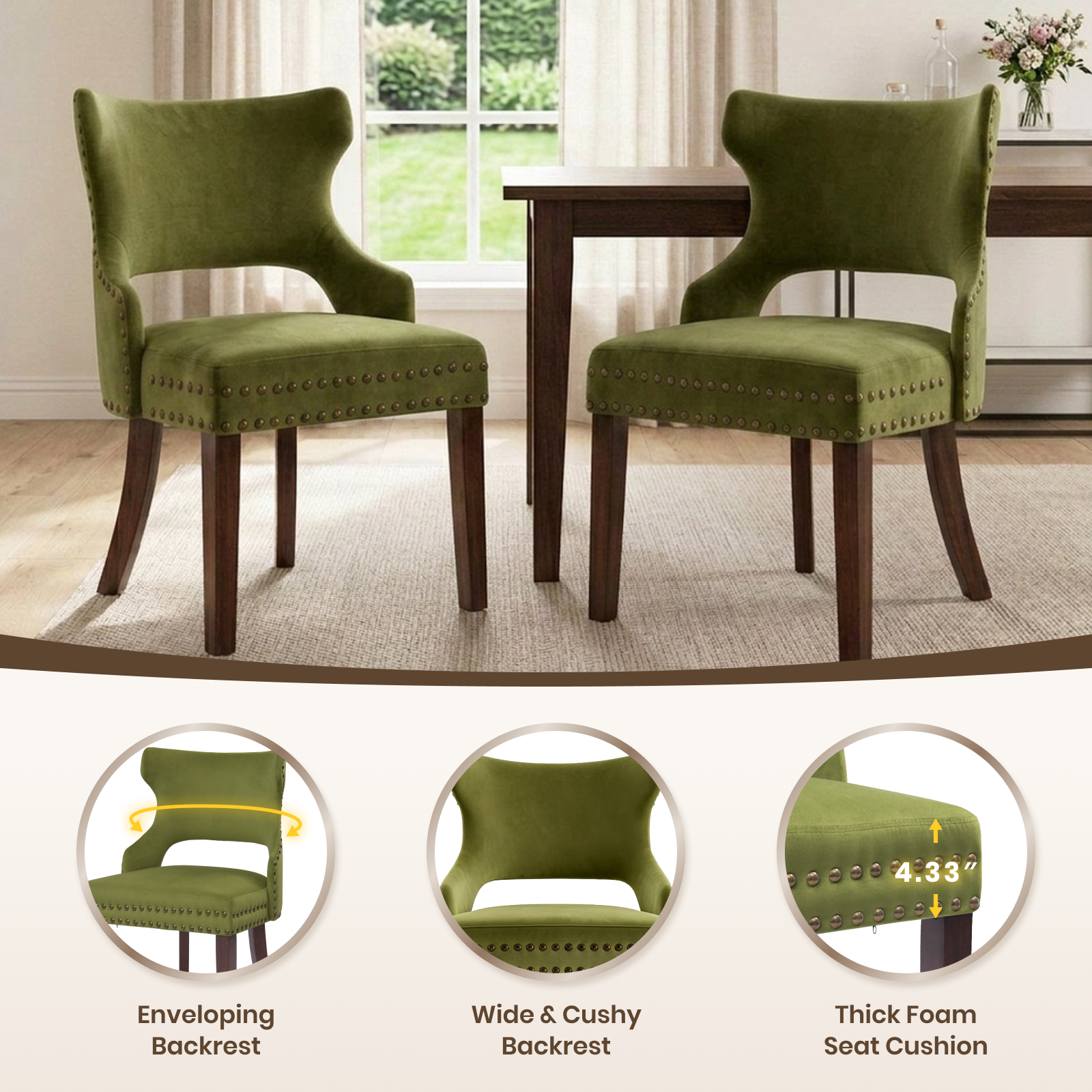 Firmoz Mid-Century Modern Upholstered Dining Chairs with Rubberwood Legs & Nailhead Trim