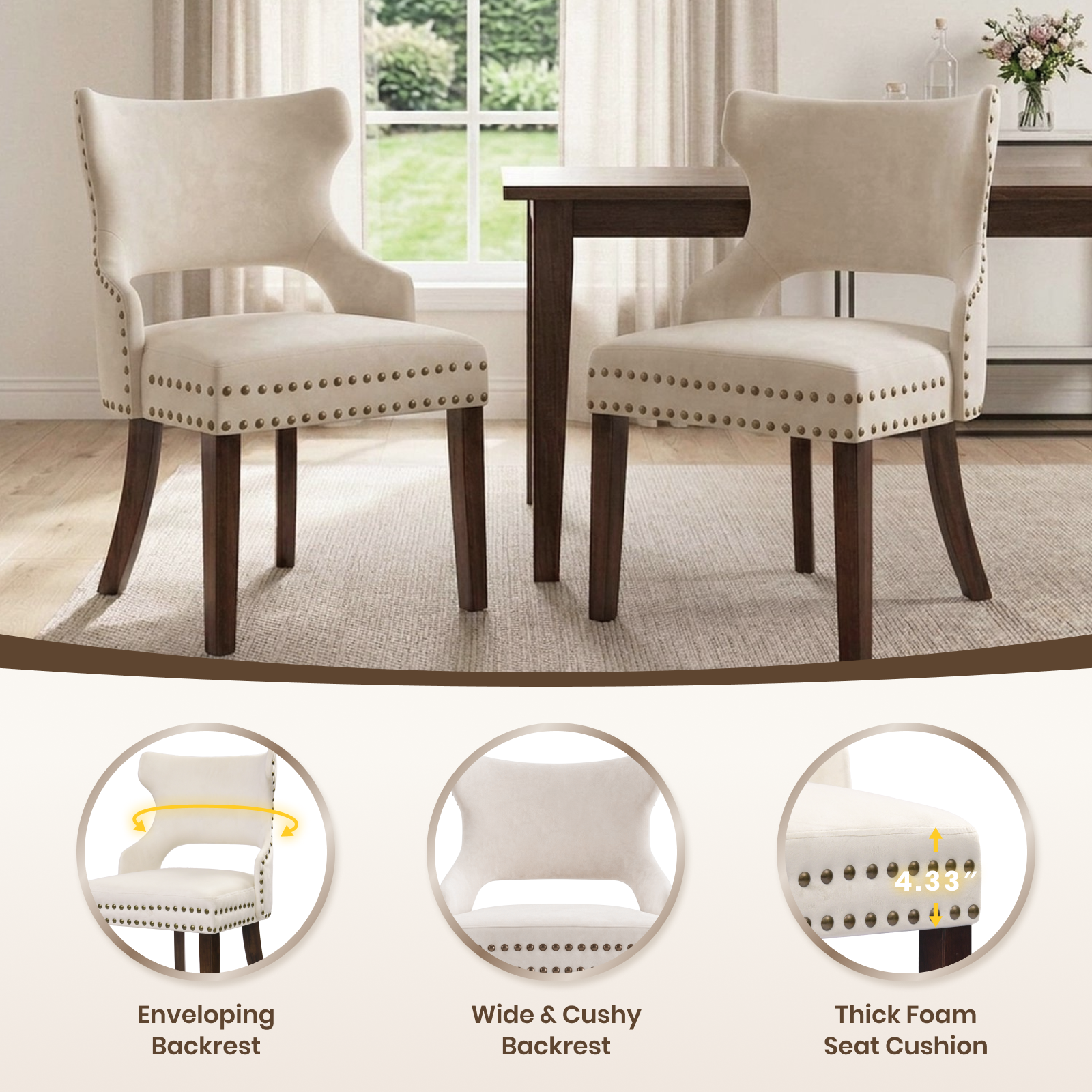 Firmoz Mid-Century Modern Upholstered Dining Chairs with Rubberwood Legs & Nailhead Trim