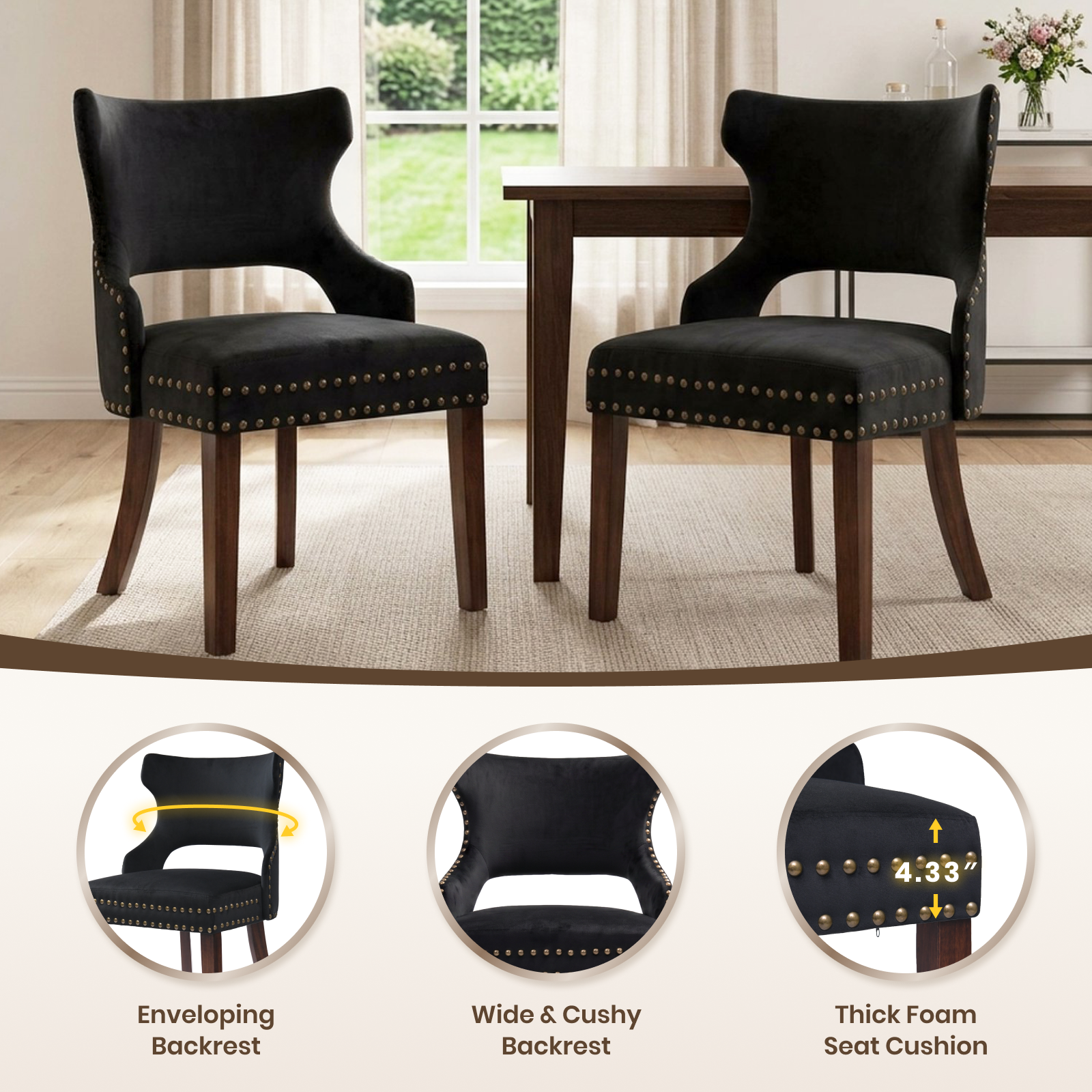 Firmoz Mid-Century Modern Upholstered Dining Chairs with Rubberwood Legs & Nailhead Trim