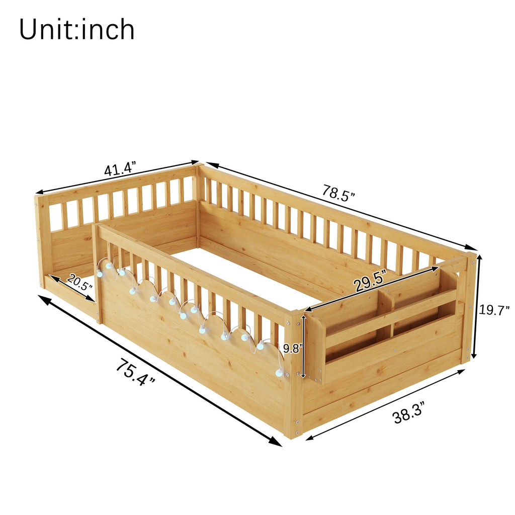 Twin/Full Montessori Floor Kids Bed Frame with High Rails