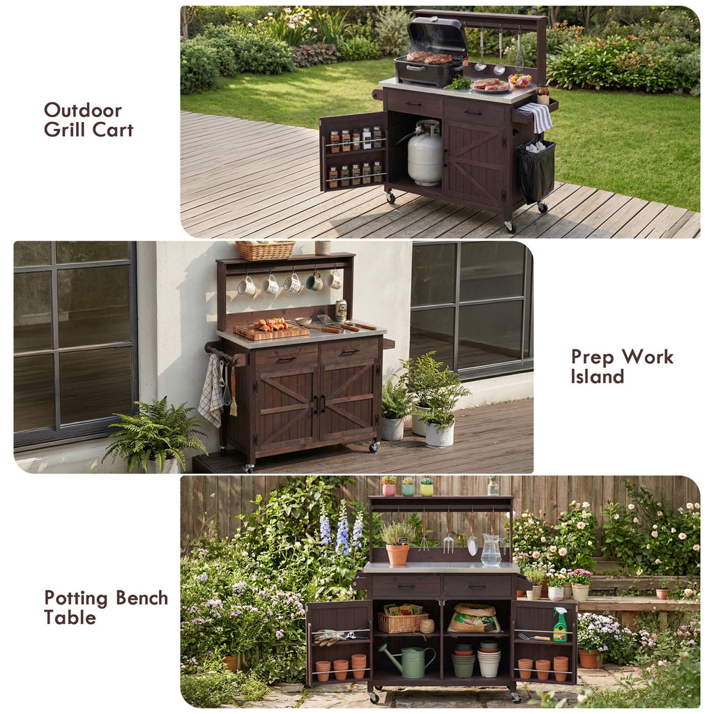 54.1" Outdoor Kitchen Island with High Shelf, Stainless Steel Top & Storage Cabinet