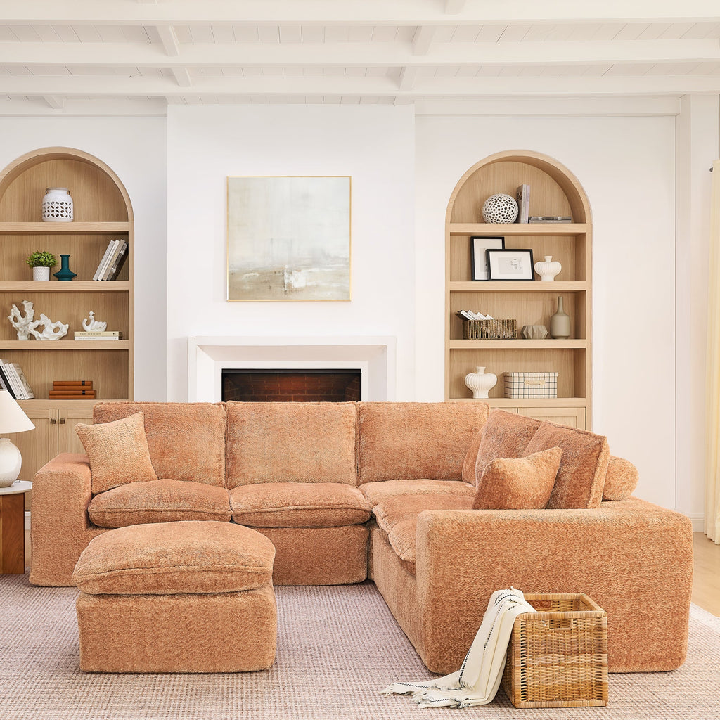 Modern Orange L-Shaped Sectional Sofa with 2 Ottomans Cloud-Like Modular Couch