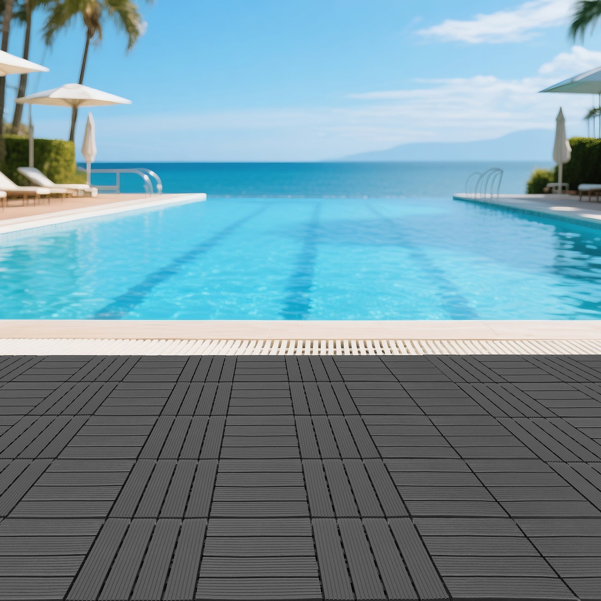 44 Pack 12x12 Plastic Interlocking Decking Tiles Waterproof Dark Gray