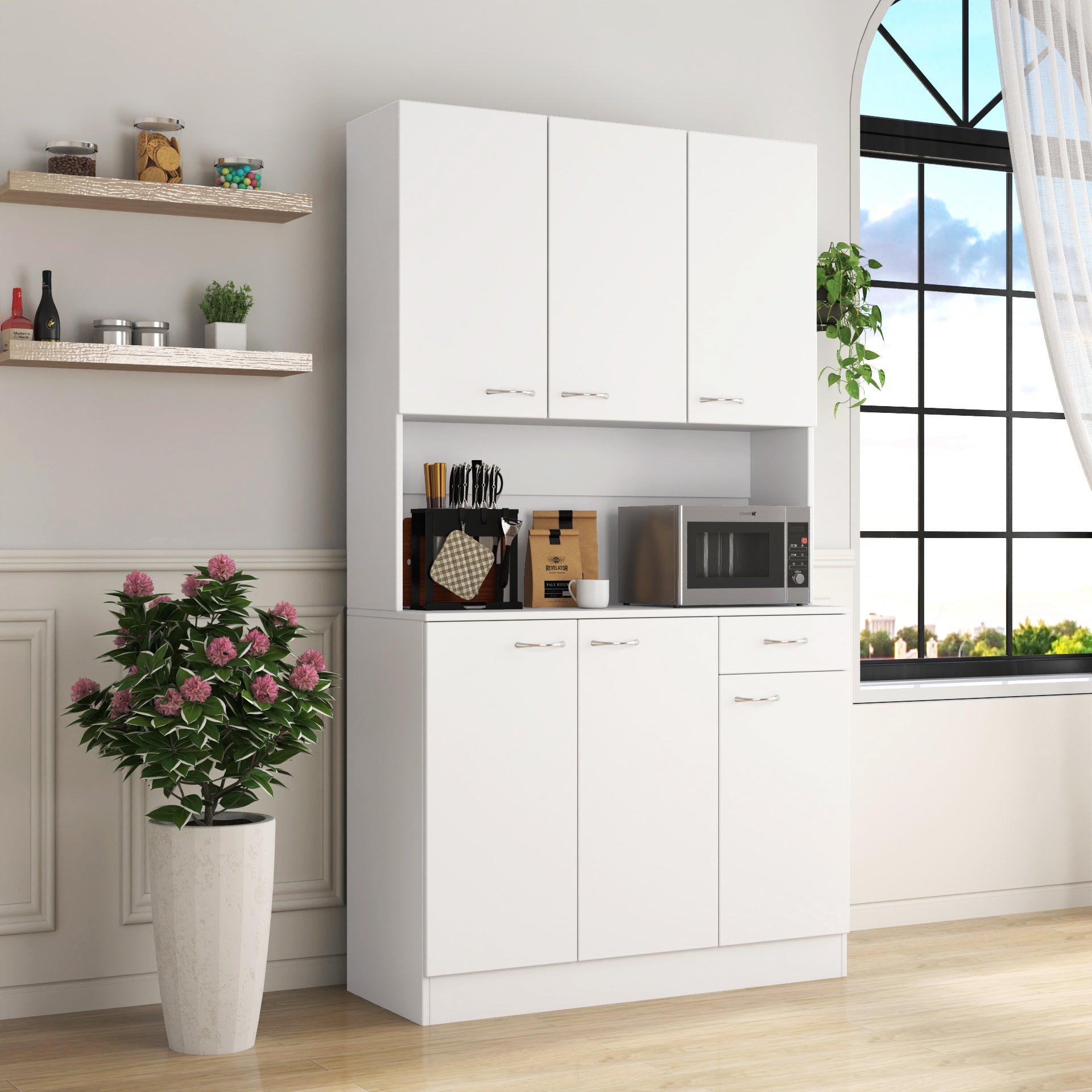 70.87' Tall White Kitchen Cabinet with 6-Doors