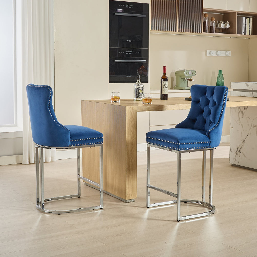 Luxury Elegant Nailhead Trim Tufted Velvet Bar Stools (Set of 2)