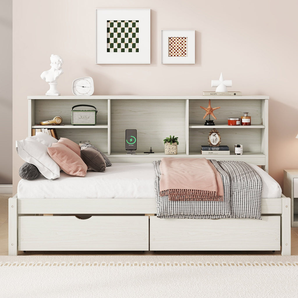 Twin Size Bed Frame with Side Bookshelves