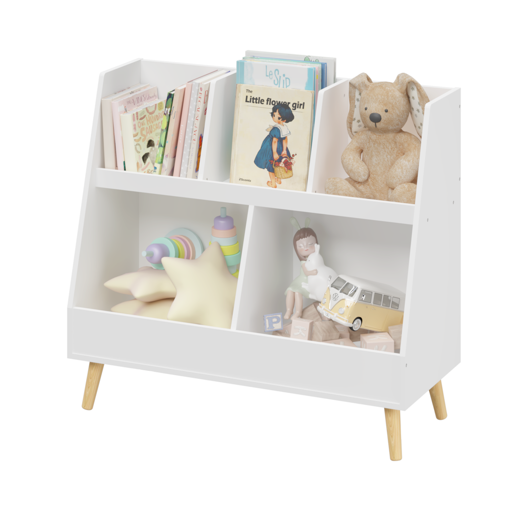 Modern Kids Bookshelf and Toy Organizer with White MDF and Pine Legs