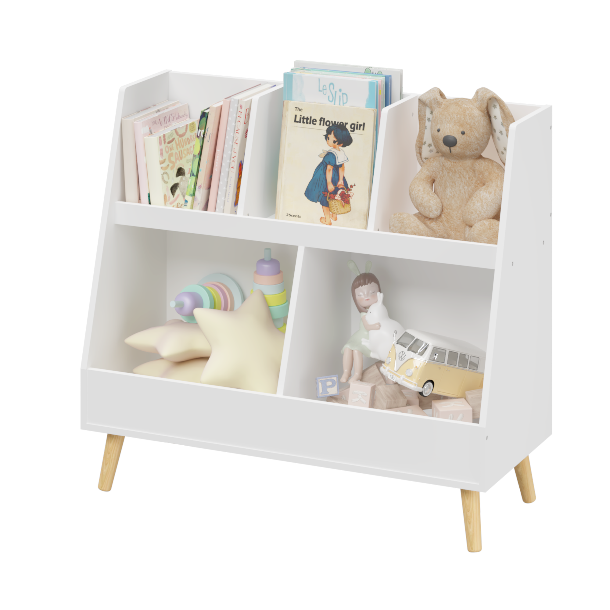 Modern Kids Bookshelf and Toy Organizer with White MDF and Pine Legs
