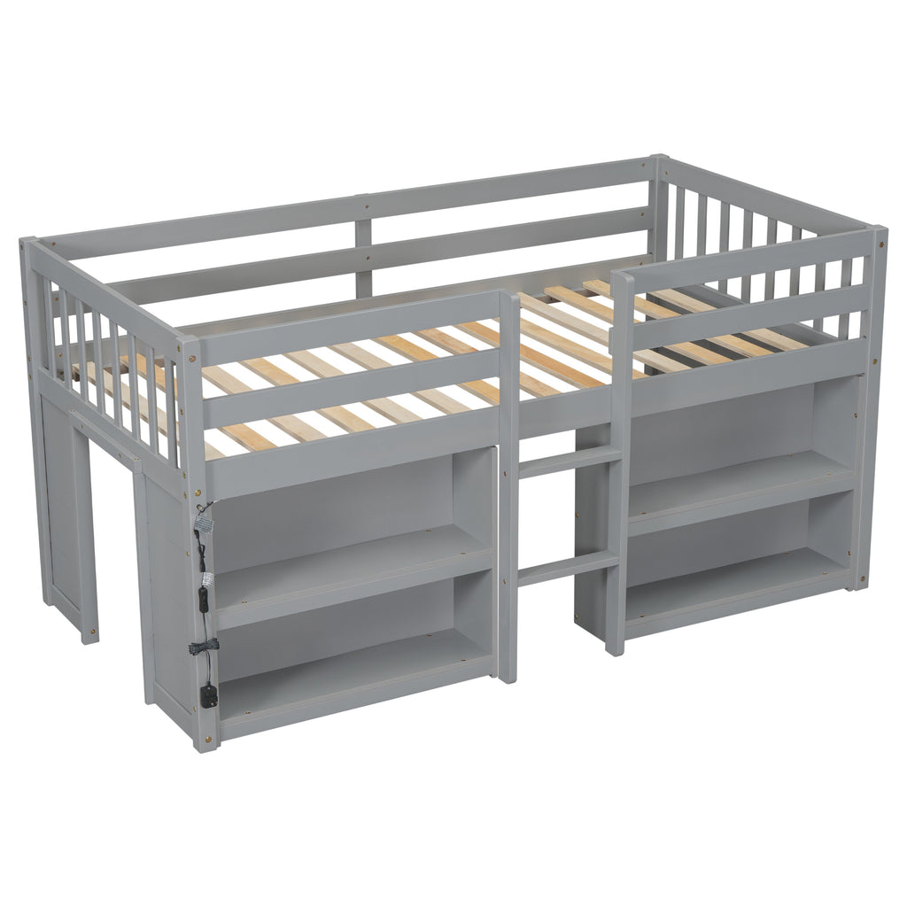 Twin Size Kid Low Loft Bed With Two-Tier Shelves