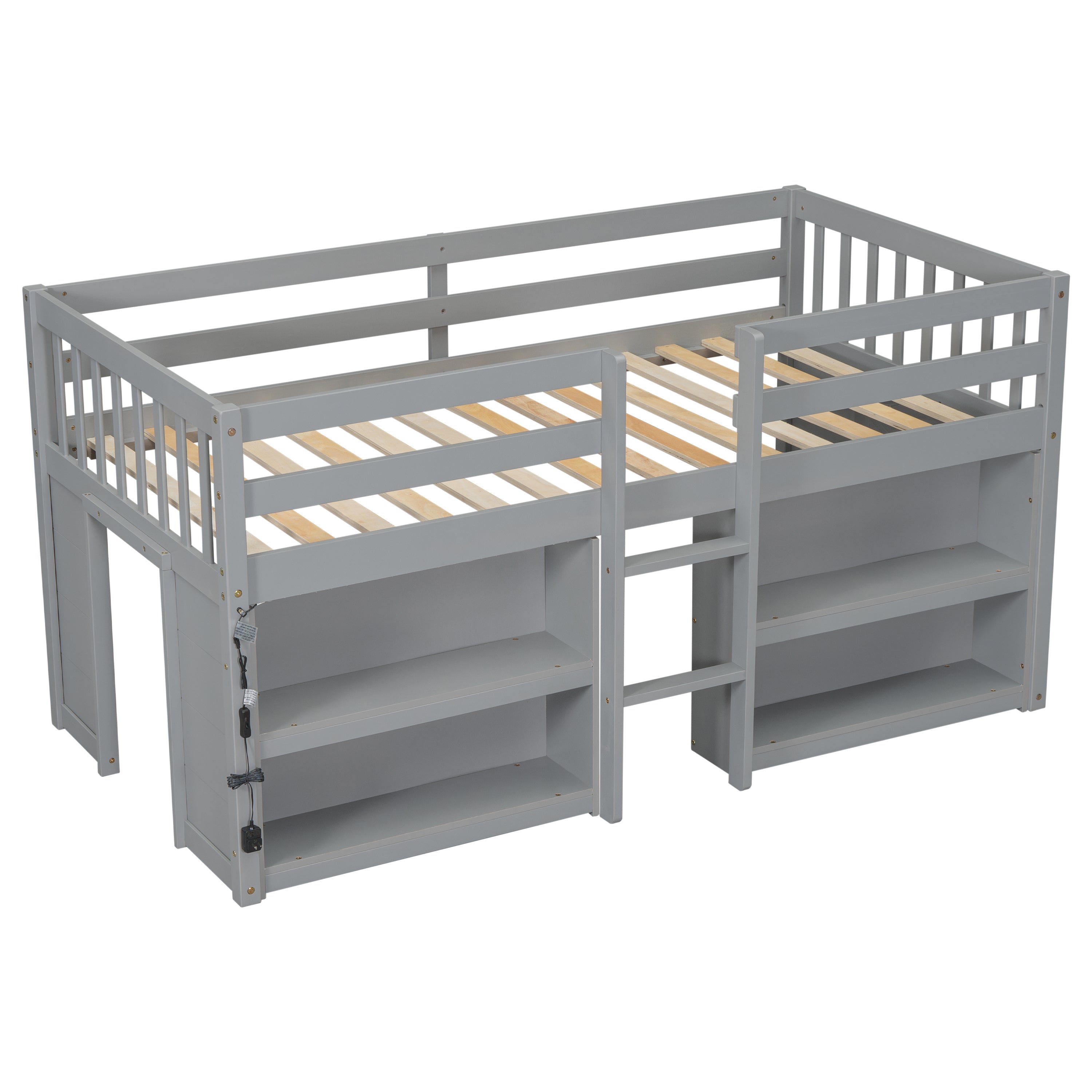Twin Size Kid Low Loft Bed With Two-Tier Shelves