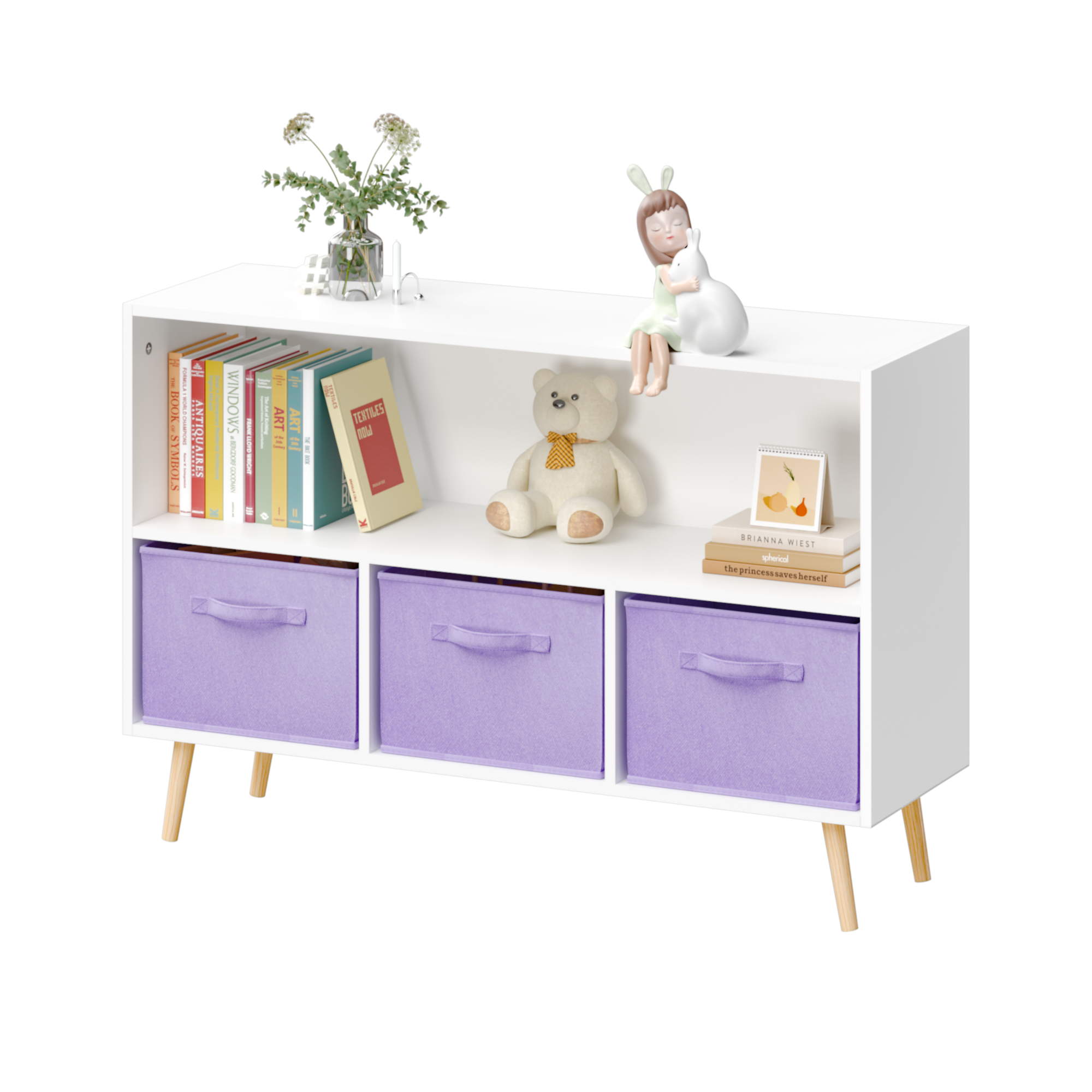 Children's Book Display Kids Bookcase with 3 Fabric Bins