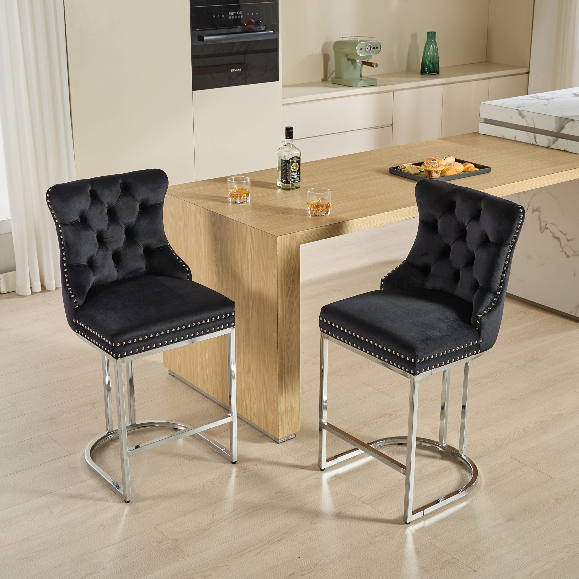 Luxury Elegant Nailhead Trim Tufted Velvet Bar Stools (Set of 2)