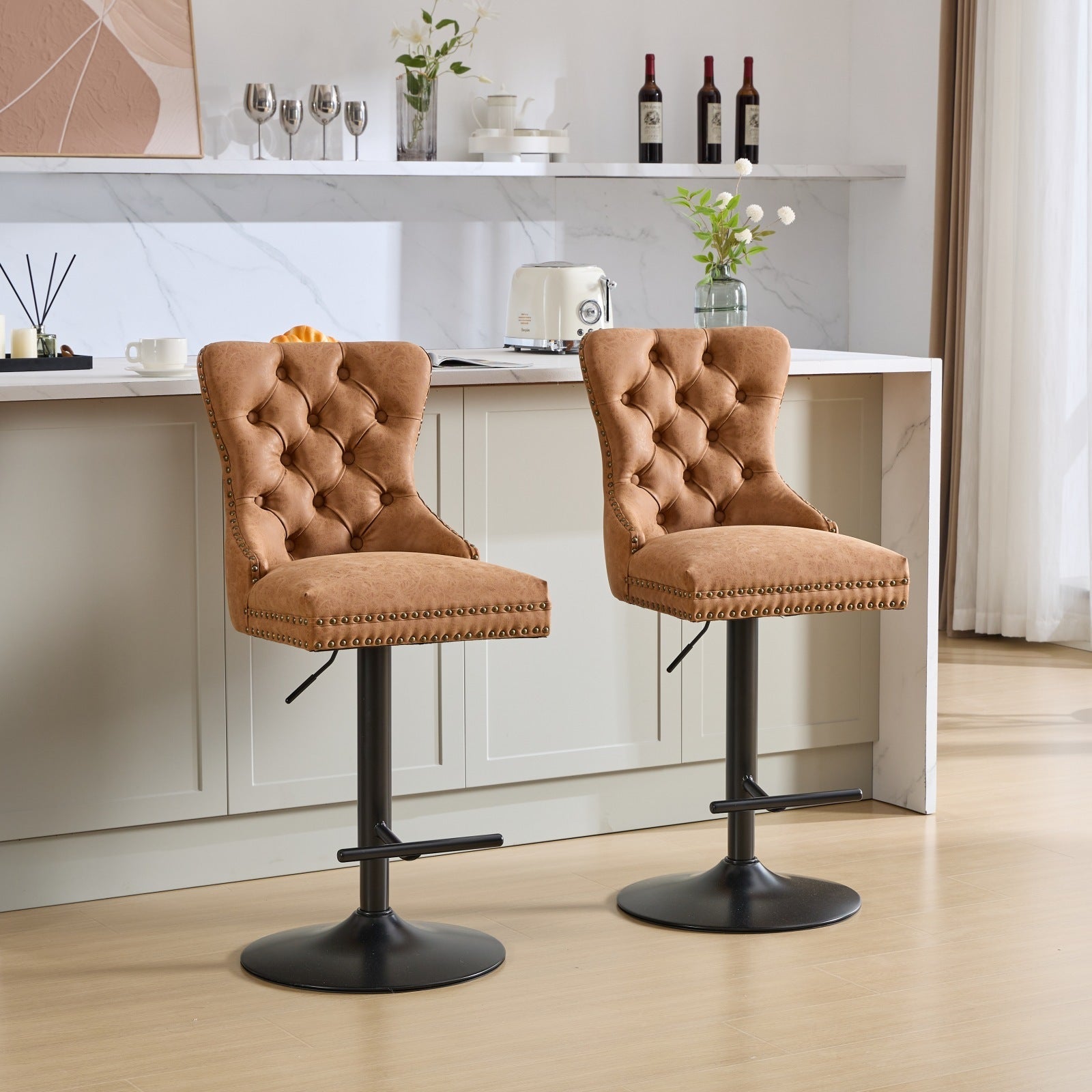 Aged and Retro PU Swivel Barstools Adjusatble Seat Height (Set of 2)