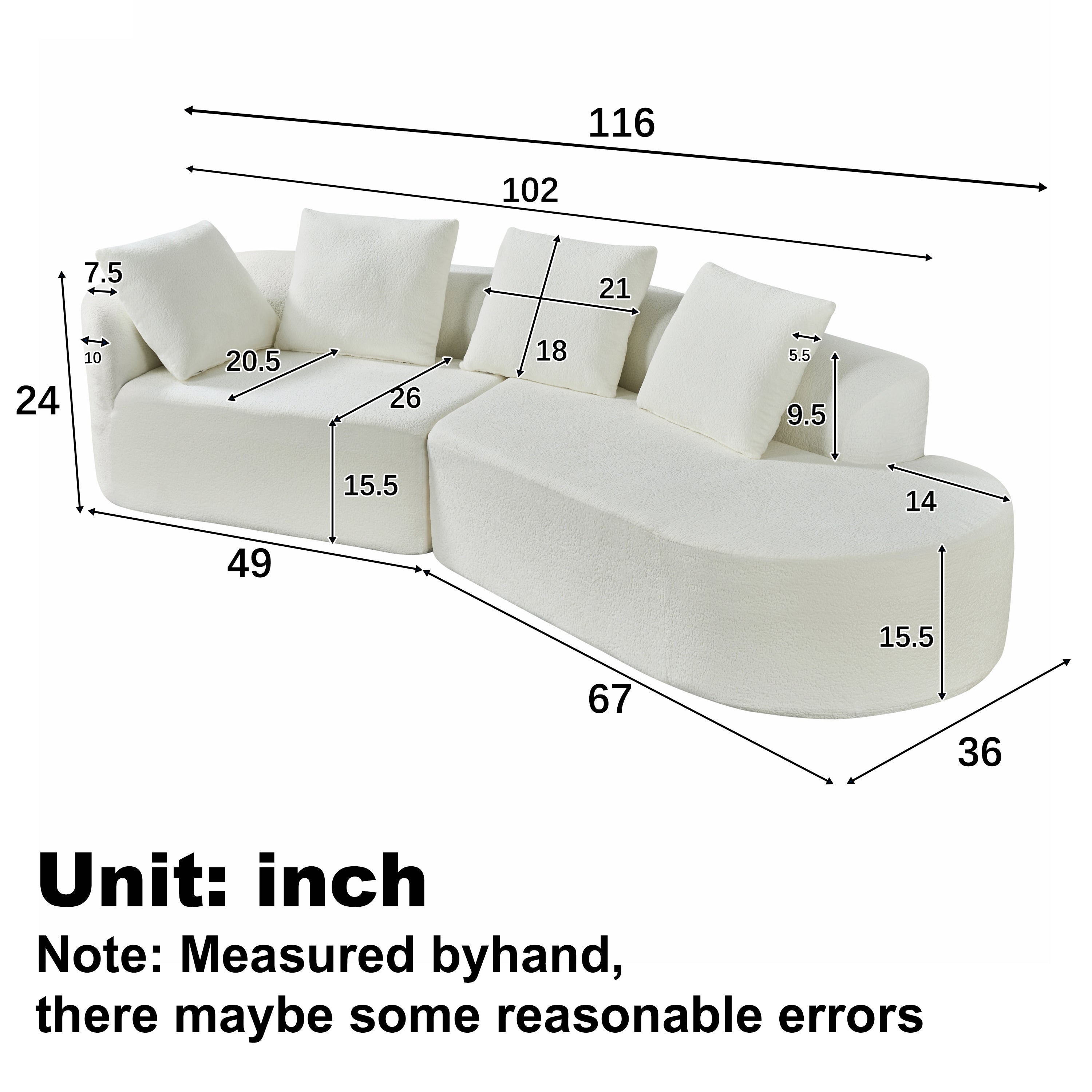 116' Modern Curved Sectional Sofa for Living Room