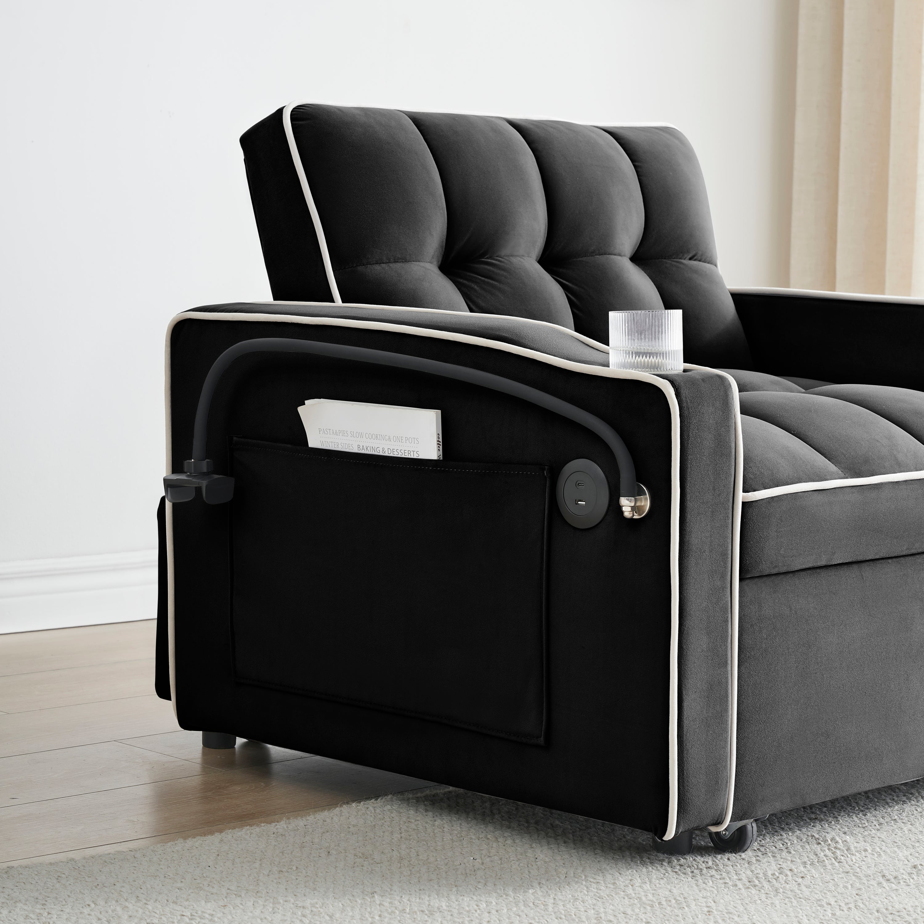 Velvet Foldable Sofa Bed Adjustable Back with USB, Ashtray & Phone Stand