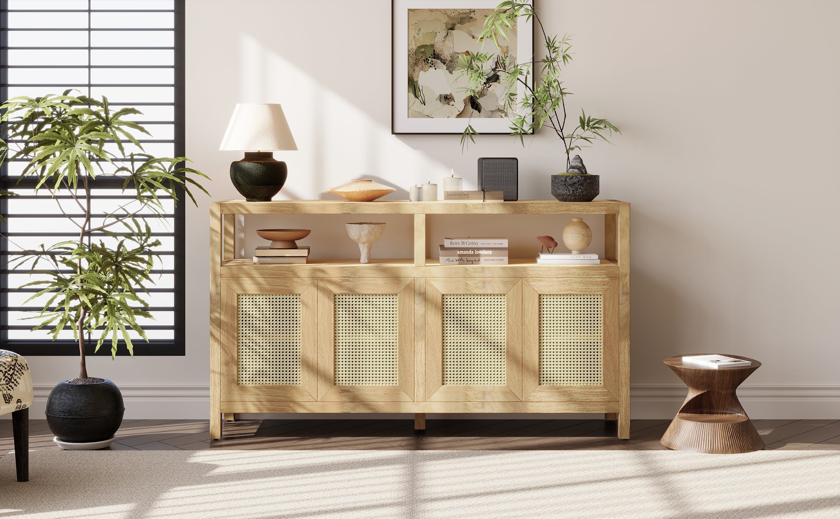 Bohemian Style Rattan Storage Cabinet with 3-position Adjustable Shelves