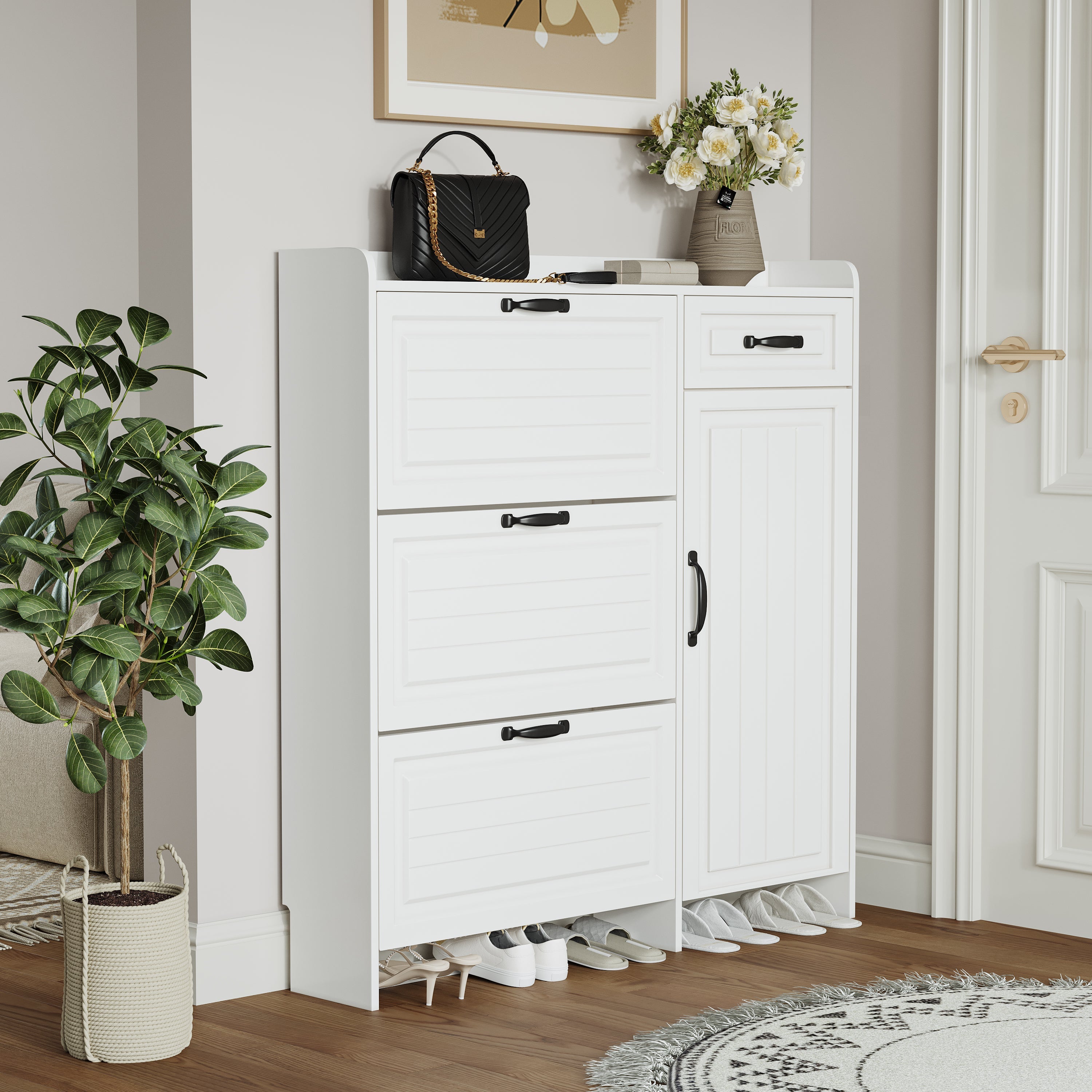 White Color Shoe Cabinet  with 4 Doors 1 Drawers