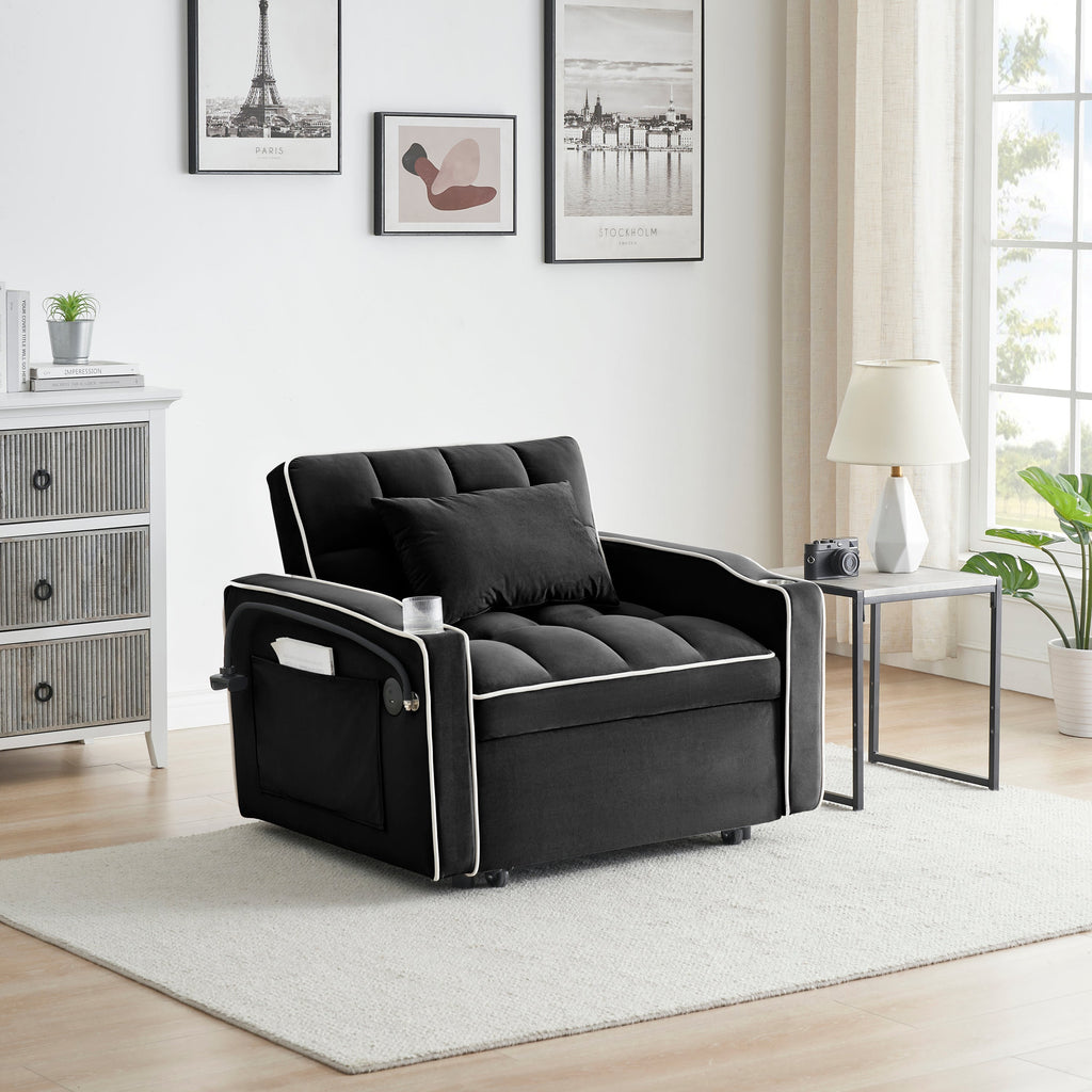 Velvet Foldable Sofa Bed Adjustable Back with USB, Ashtray & Phone Stand