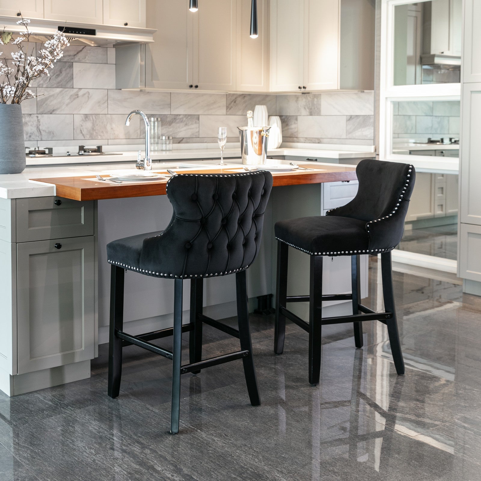 Leisure Style Velvet Upholstered Wing-Back Barstools (Set of 2)