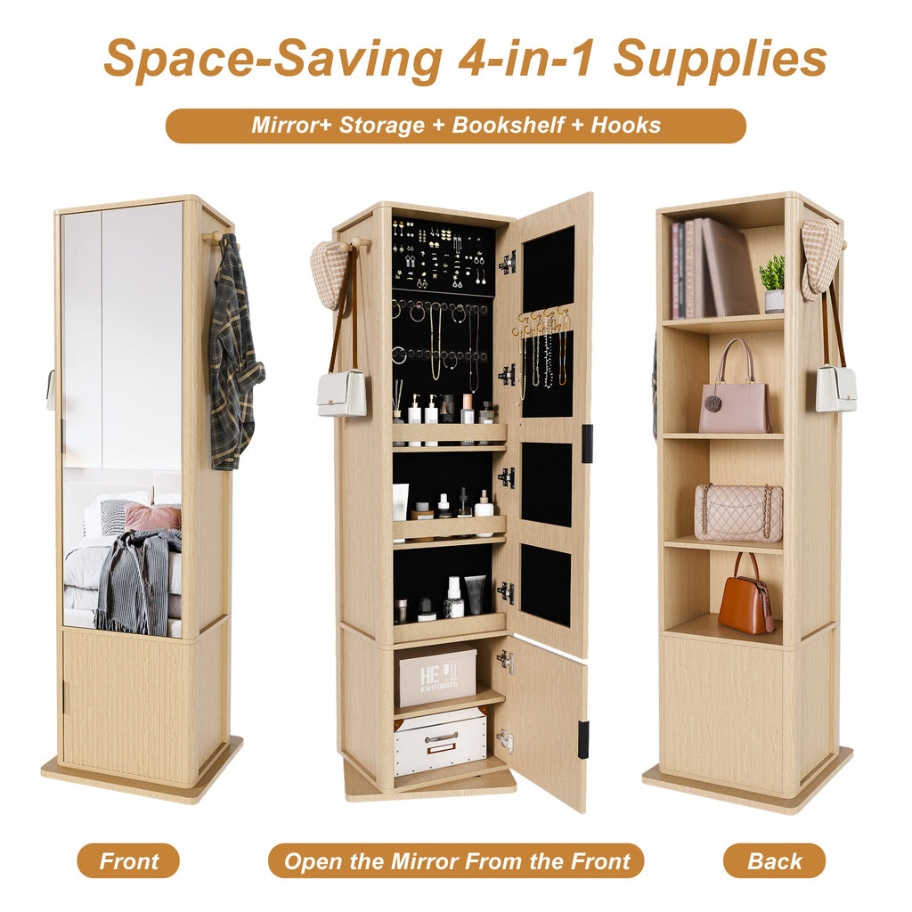 360° Rotating Makeup Cabinet with Full-Length Mirror and Jewelry Storage