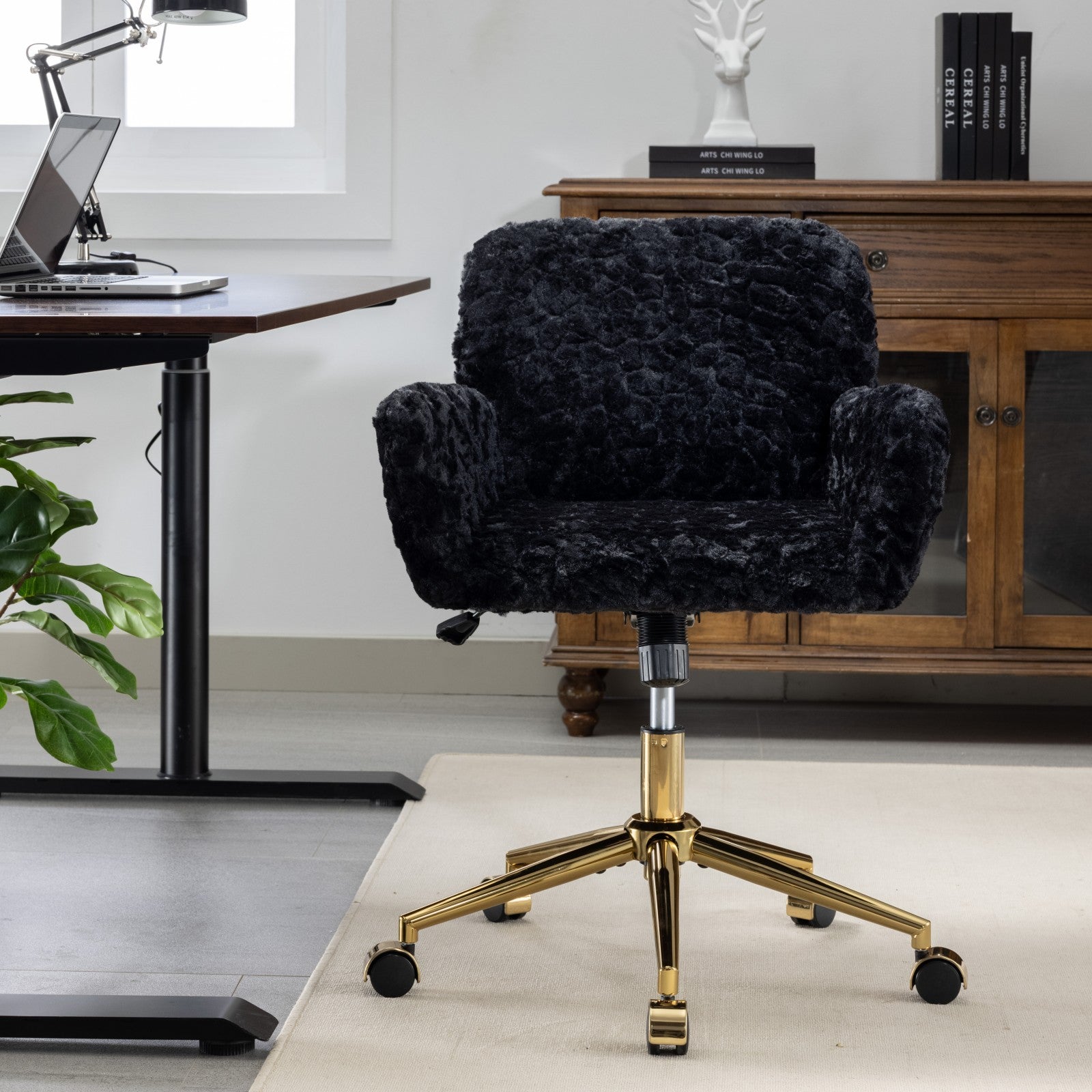 Artificial Rabbit Hair Home Office Chair with Golden Metal Base