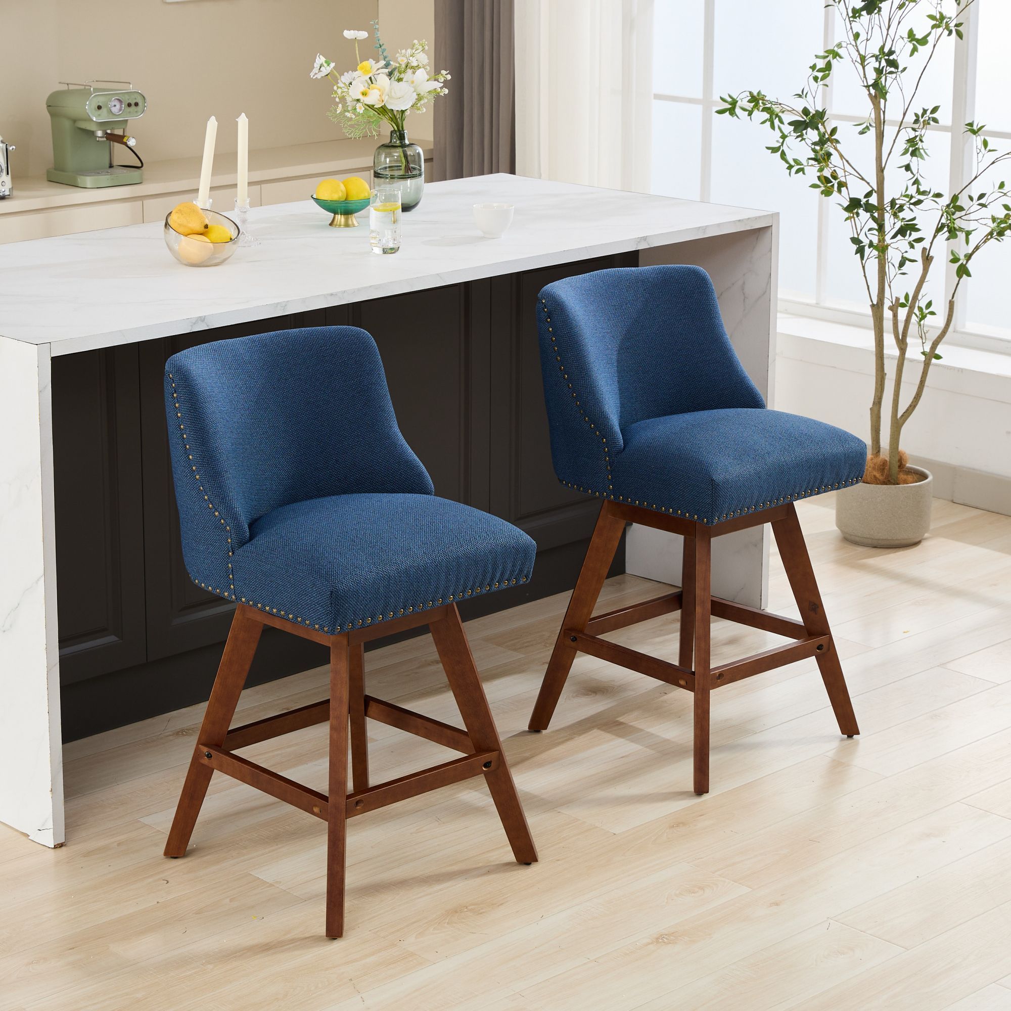Upholstered Swivel Counter Height Bar Stools with Nailhead Trim (Set of 2)