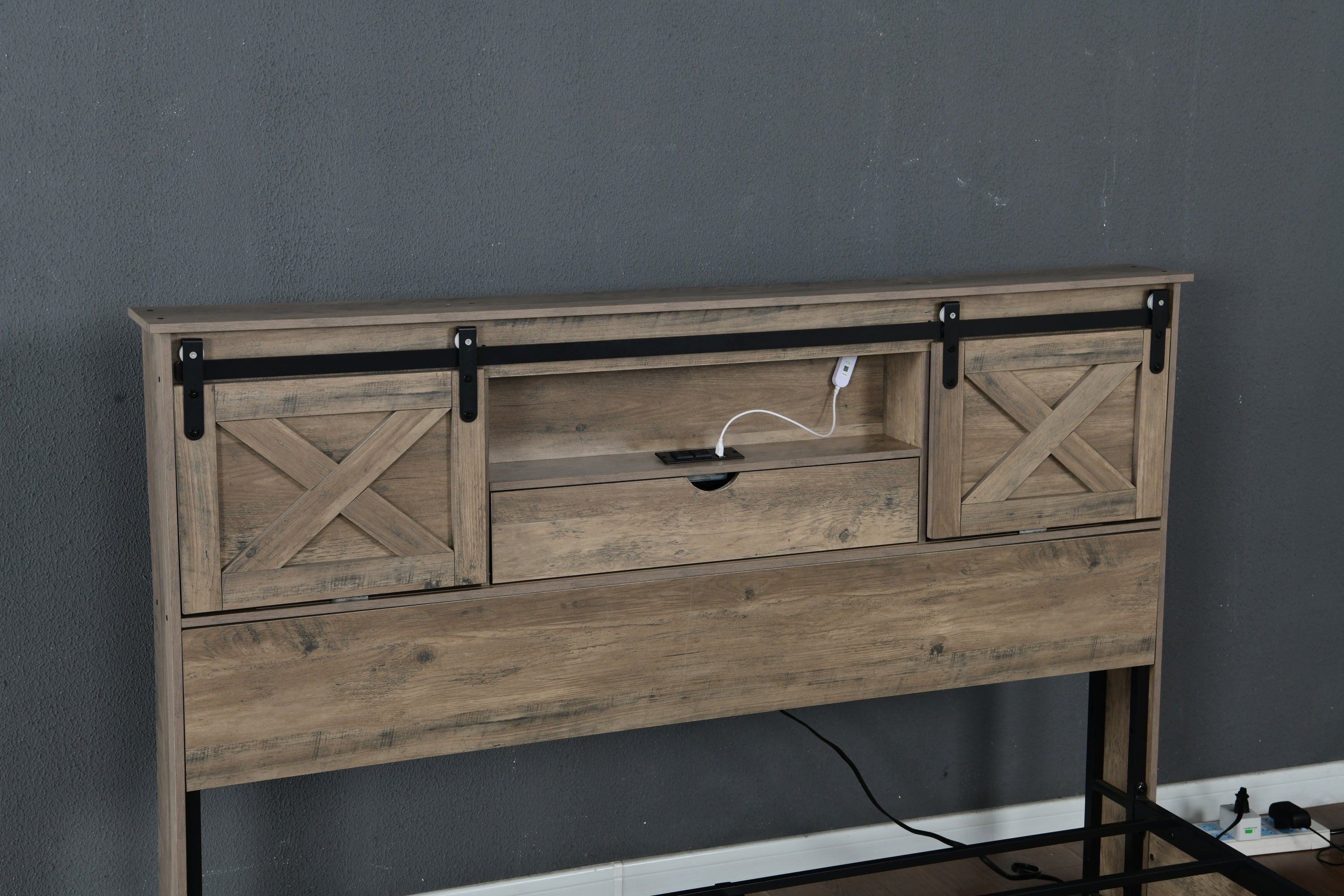 Farmhouse Bed Frame Queen Size with LED Lights and Charging Station