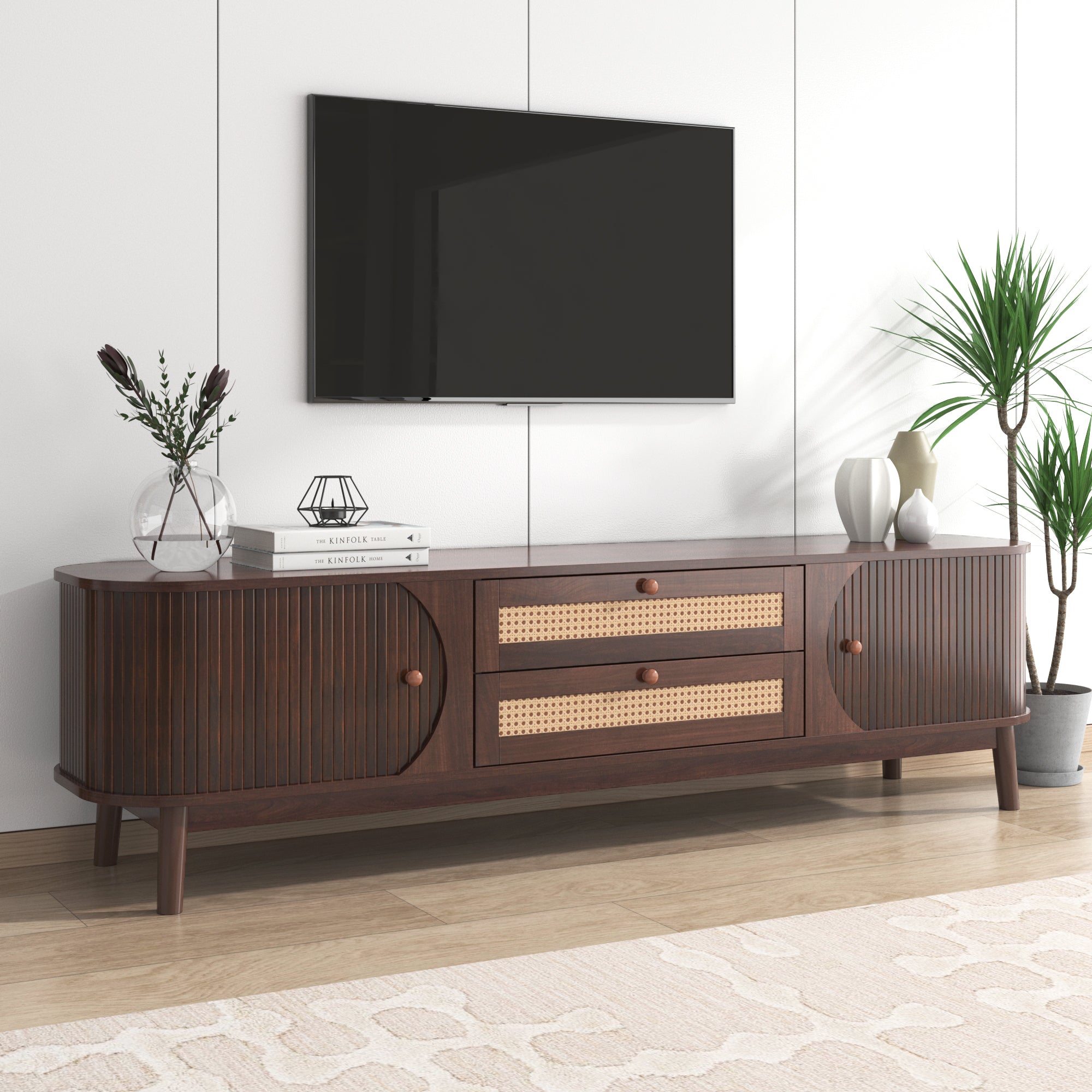 Modern Farmhouse Rattan TV Stand  Up to 75''