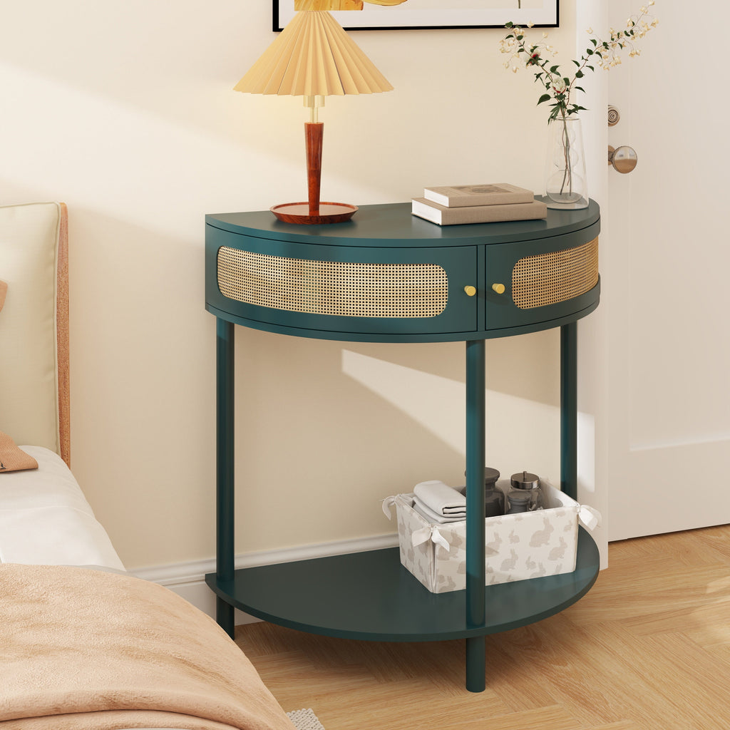 Rattan Semi Circle End Table with 2 Rattan Storage Cabinet