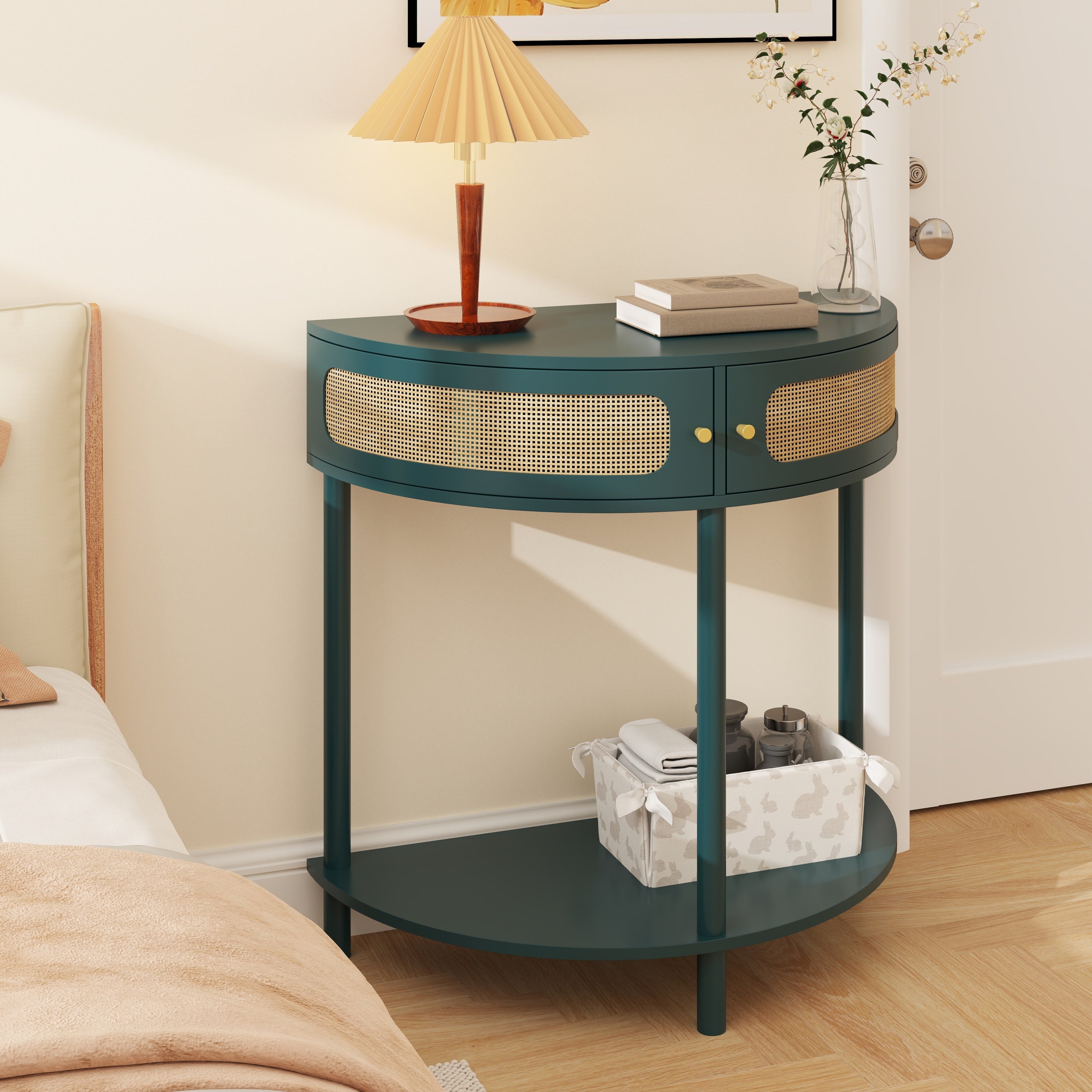 Rattan Semi Circle End Table with 2 Rattan Storage Cabinet