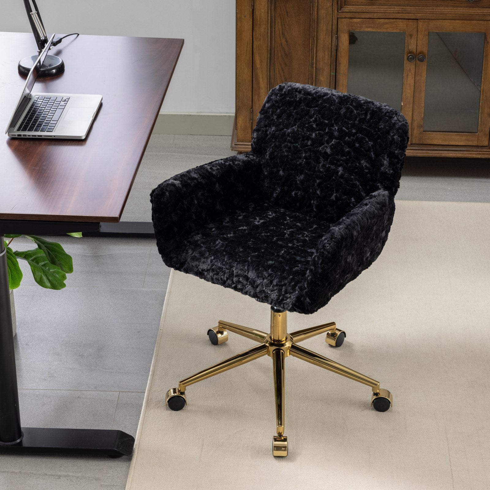 Artificial Rabbit Hair Home Office Chair with Golden Metal Base