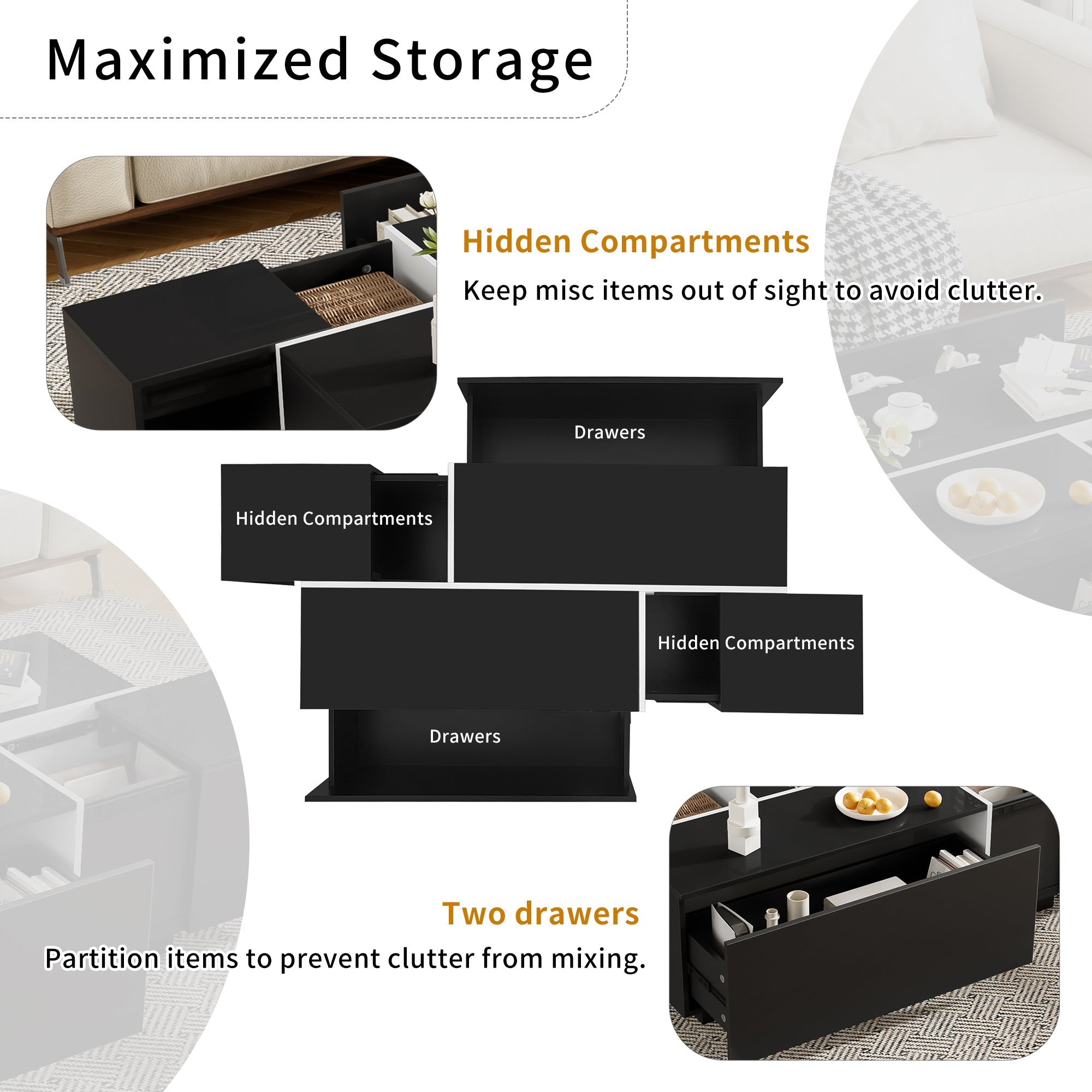 Multi-Functional Extendable Coffee Table with 2 Storage Space and Drawers