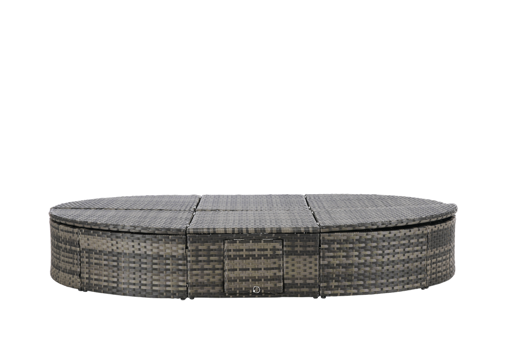 Round outdoor patio daybed with adjustable backrests foldable cup trays and cushioned wicker design ideal for backyard and poolside lounging