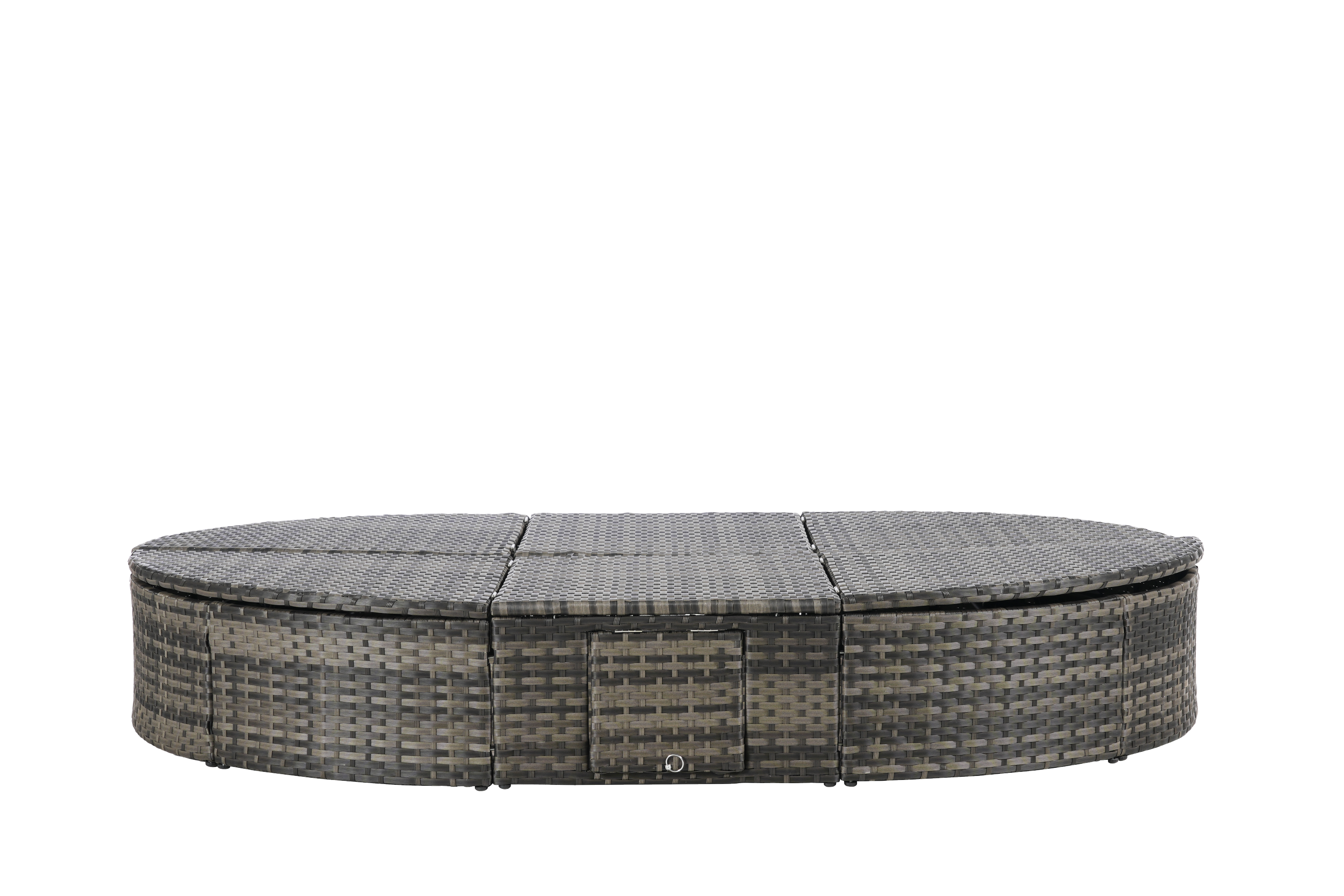 Round outdoor patio daybed with adjustable backrests foldable cup trays and cushioned wicker design ideal for backyard and poolside lounging