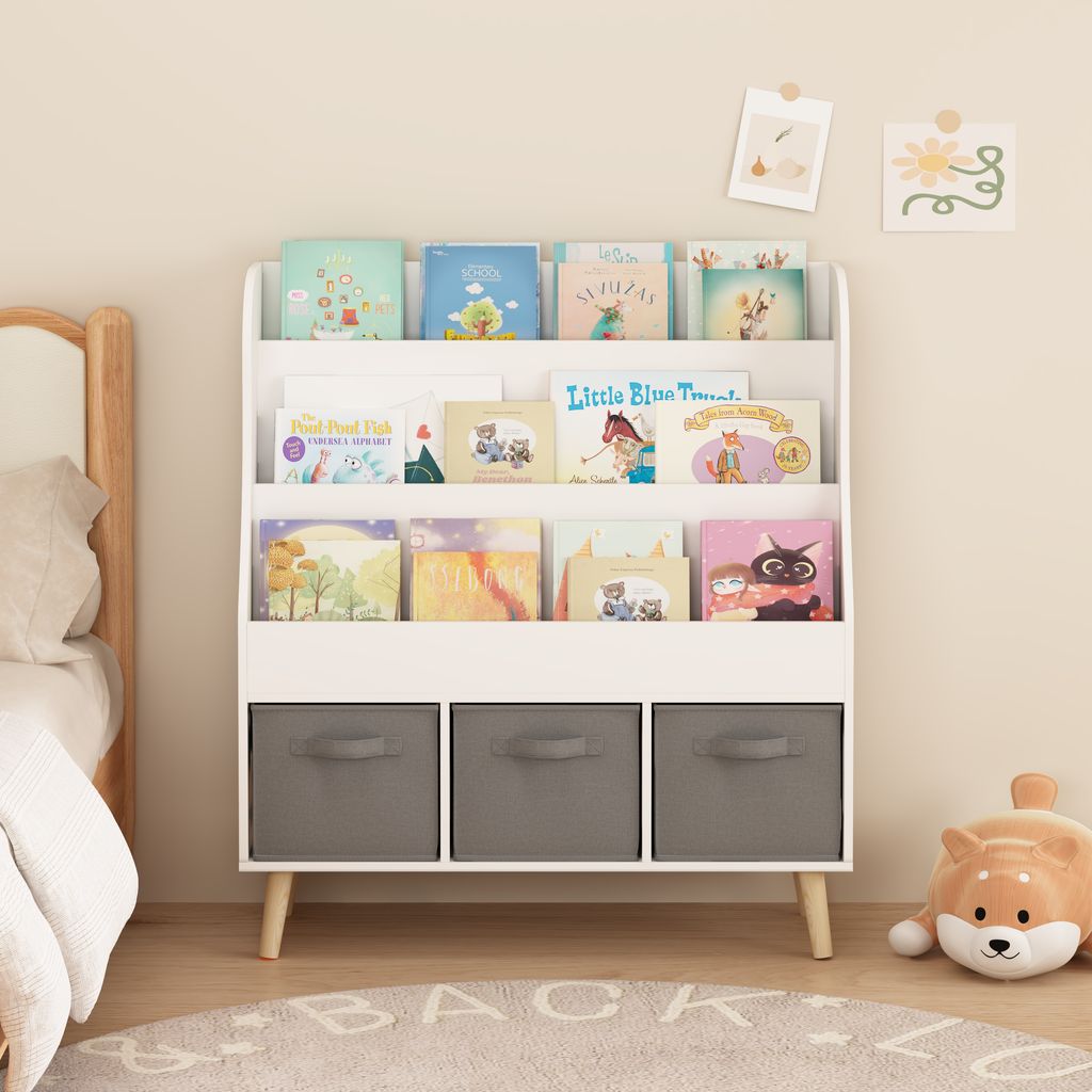 Kids Bookshelf with 3 Fabric Storage Bins