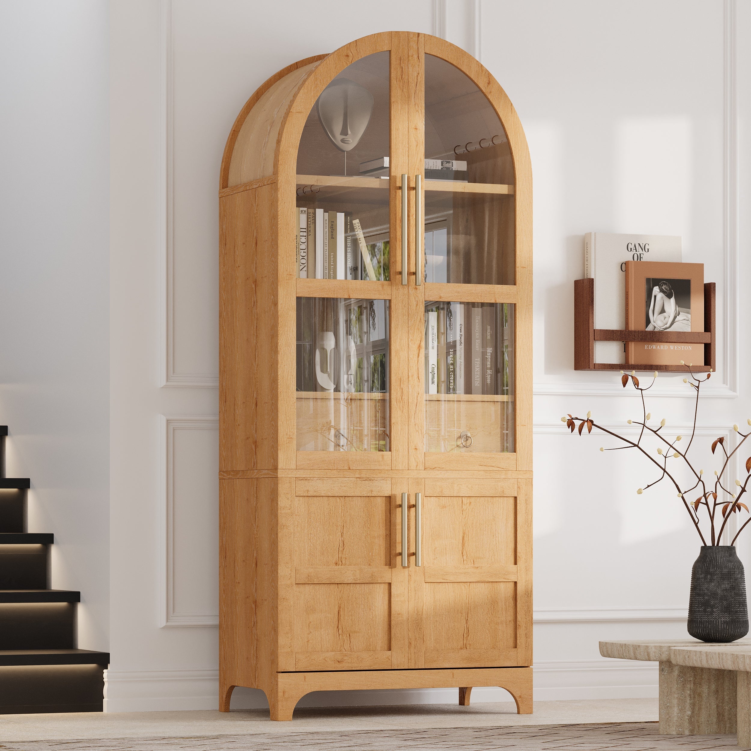 71" Tall Arched Farmhouse Kitchen Pantry Cabinet with Door Shelves