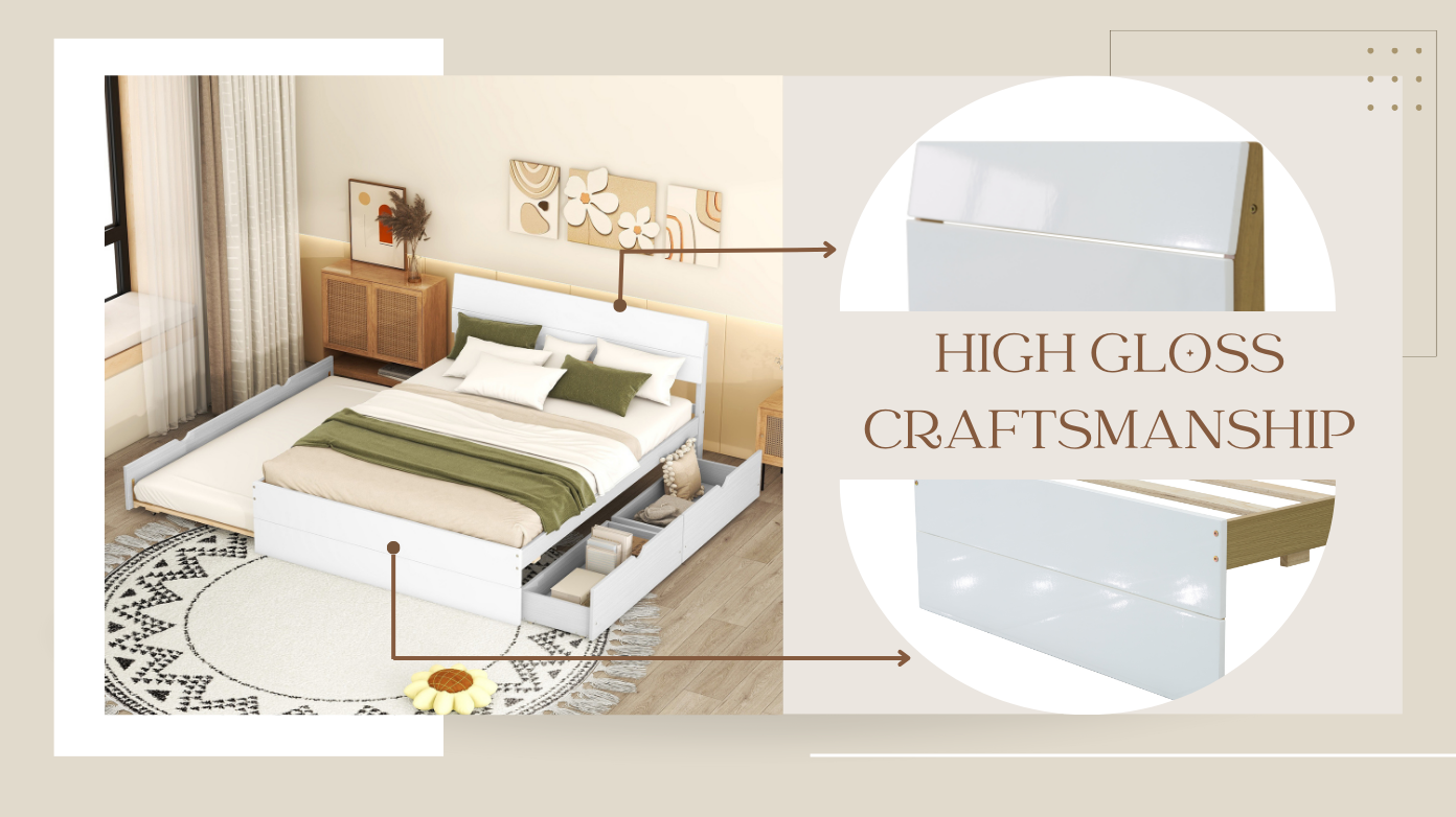 Modern Full Size Bed Frame with Twin Size Trundle and 2 Drawers