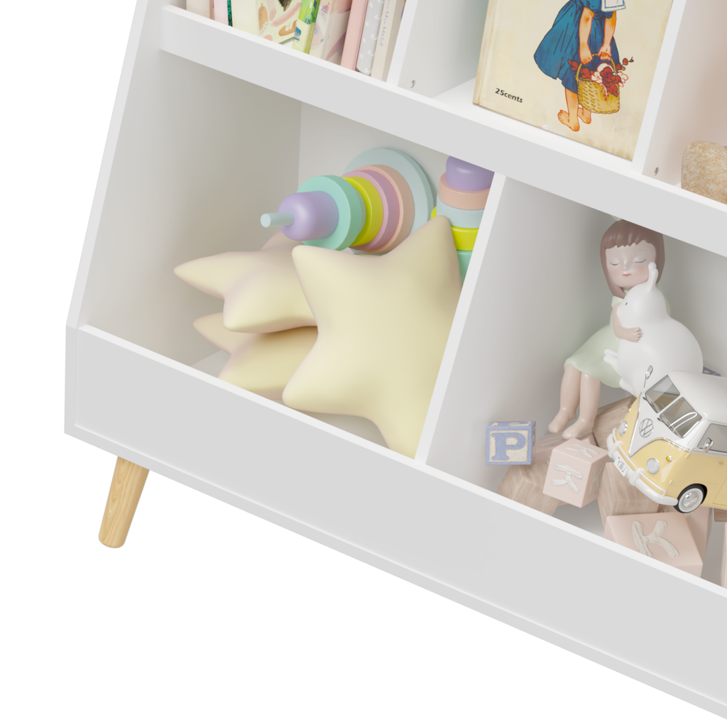 Modern Kids Bookshelf and Toy Organizer with White MDF and Pine Legs