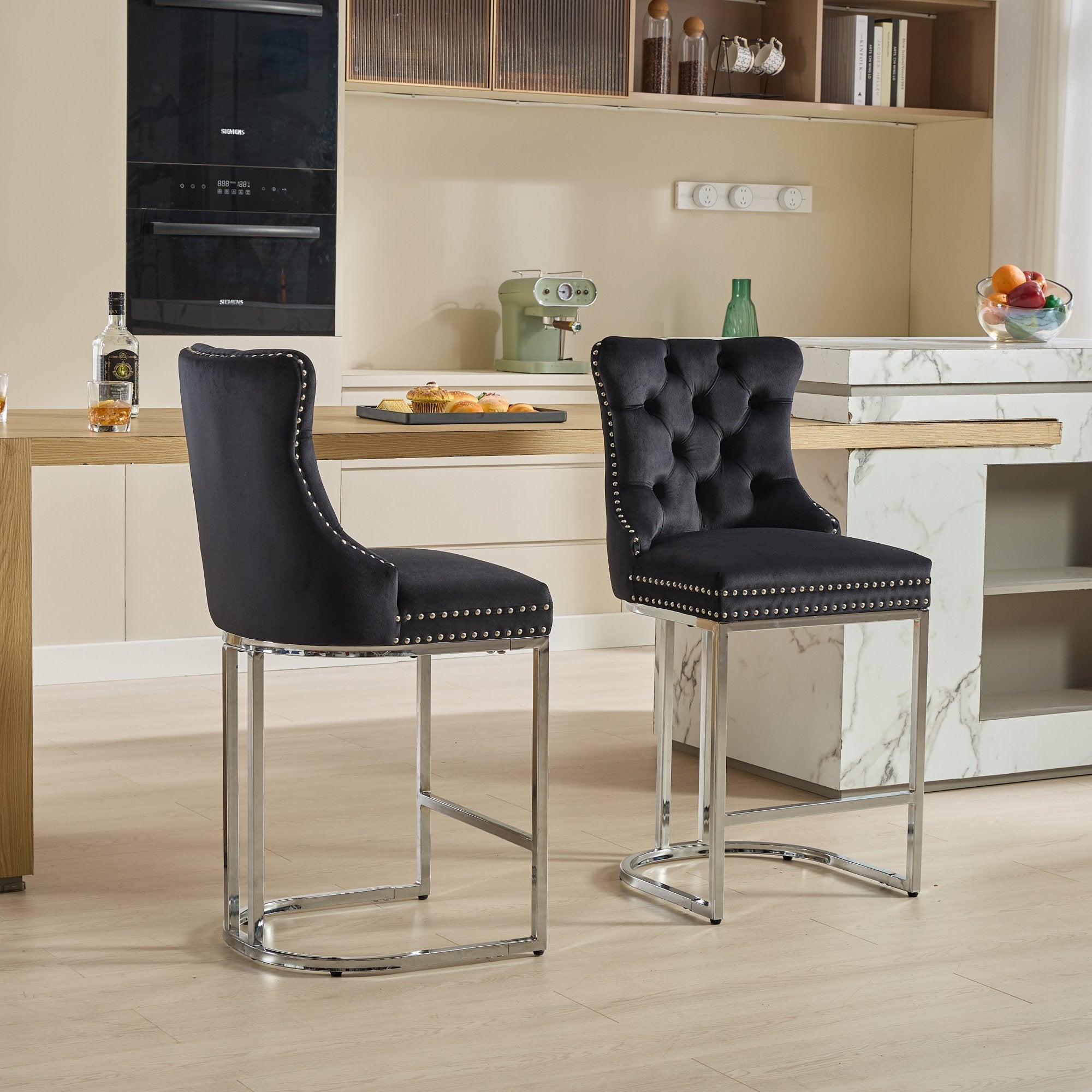 Luxury Elegant Nailhead Trim Tufted Velvet Bar Stools (Set of 2)