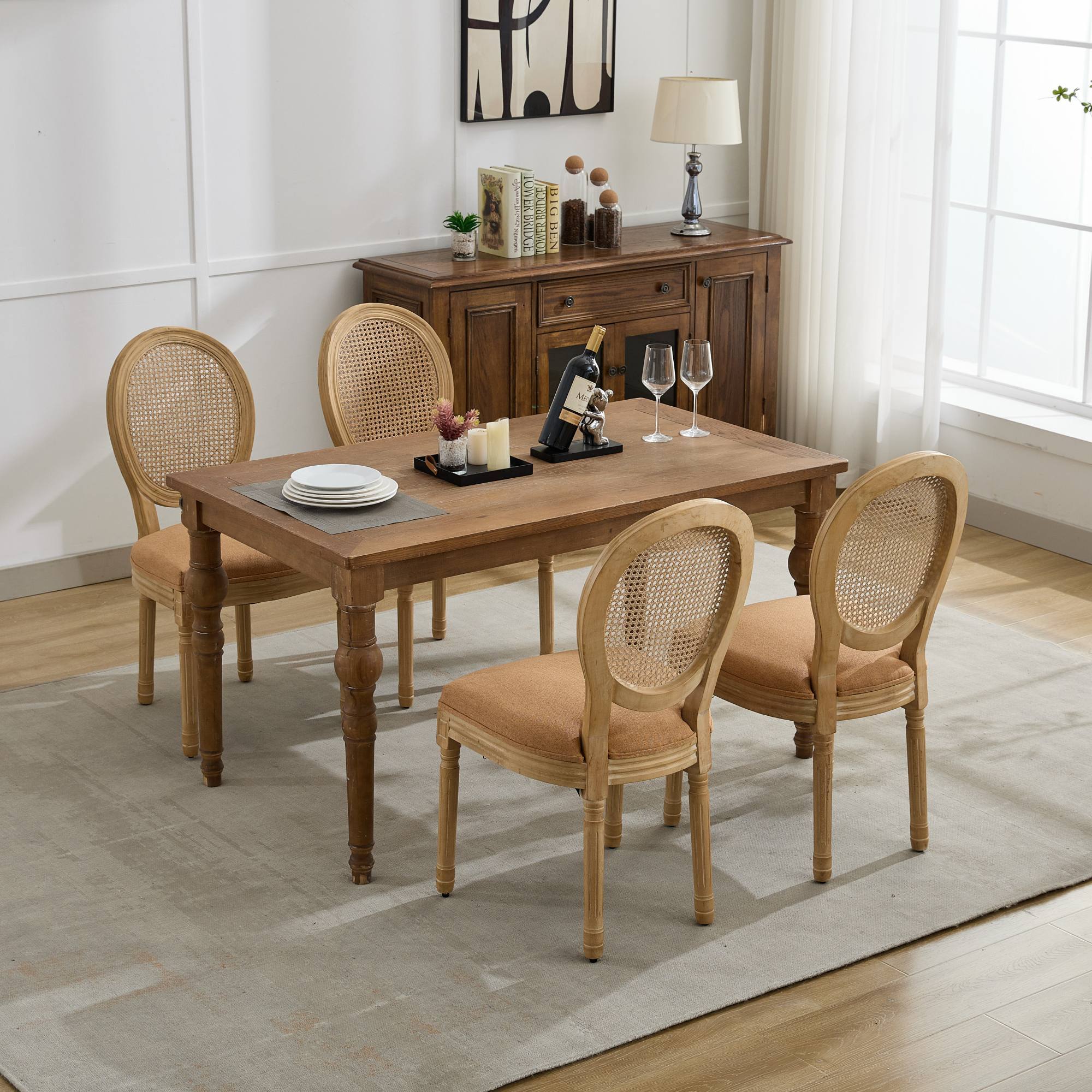 French Style Linen Fabric Rattan Back Dining Chairs (Set of 2)