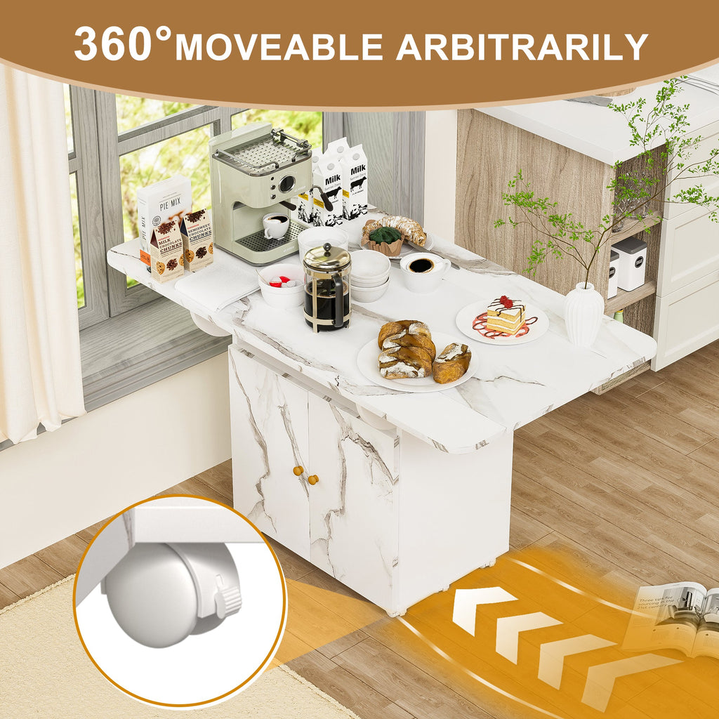 Versatile 47' White Marble MDF Folding Dining Table with Storage Rack and Cabinet