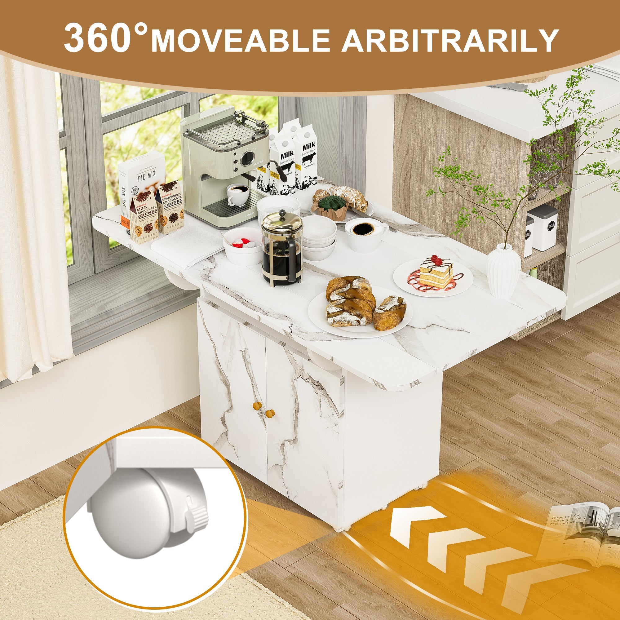 Versatile 47' White Marble MDF Folding Dining Table with Storage Rack and Cabinet