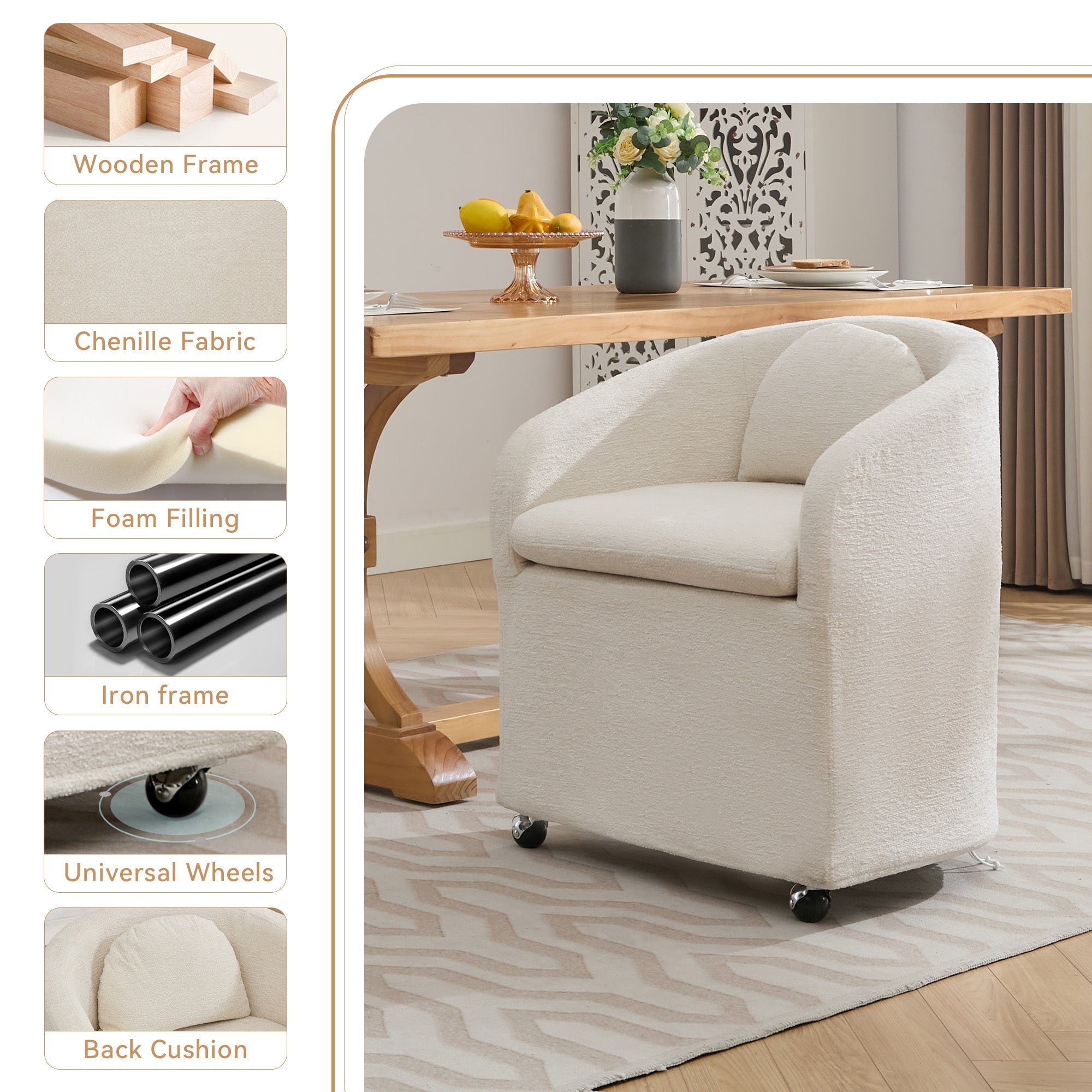 Modern Chenille Fabric Dining Armchair with Back Cushion