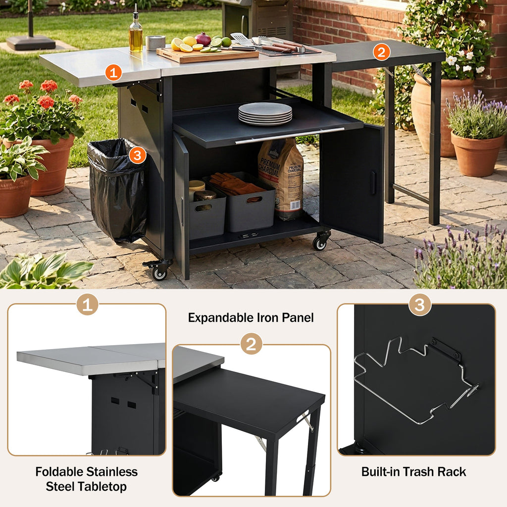 Foldable BBQ cart with storage, portable for backyard & patio cooking